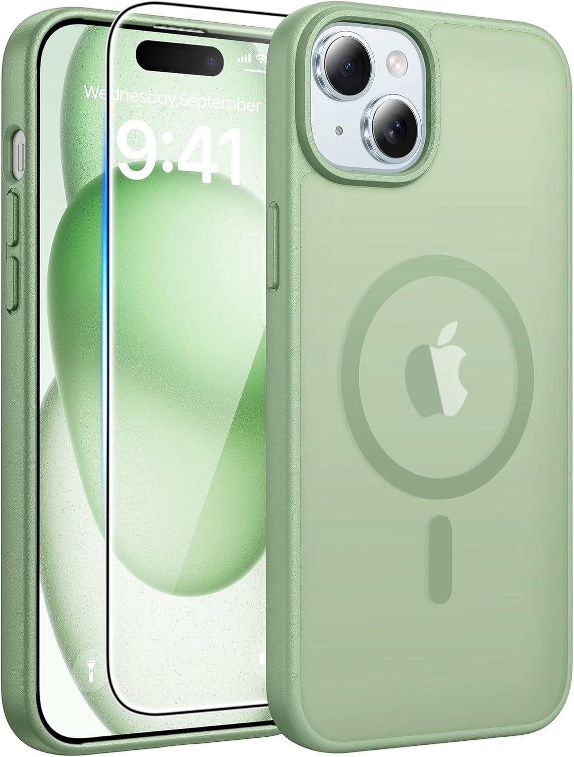 imageFNTCASE for iPhone 15 Pro Case Compatible with Magsafe Translucent Matte Magnetic Phone Cover Military Grade Drop Protection Shockproof Protective Cases BlackLight Moss