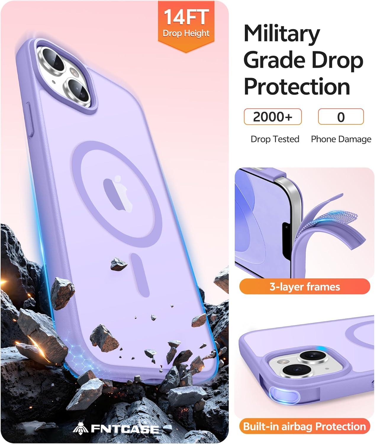 imageFNTCASE for iPhone 15 Pro Case Compatible with Magsafe Translucent Matte Magnetic Phone Cover Military Grade Drop Protection Shockproof Protective Cases BlackLight Purple