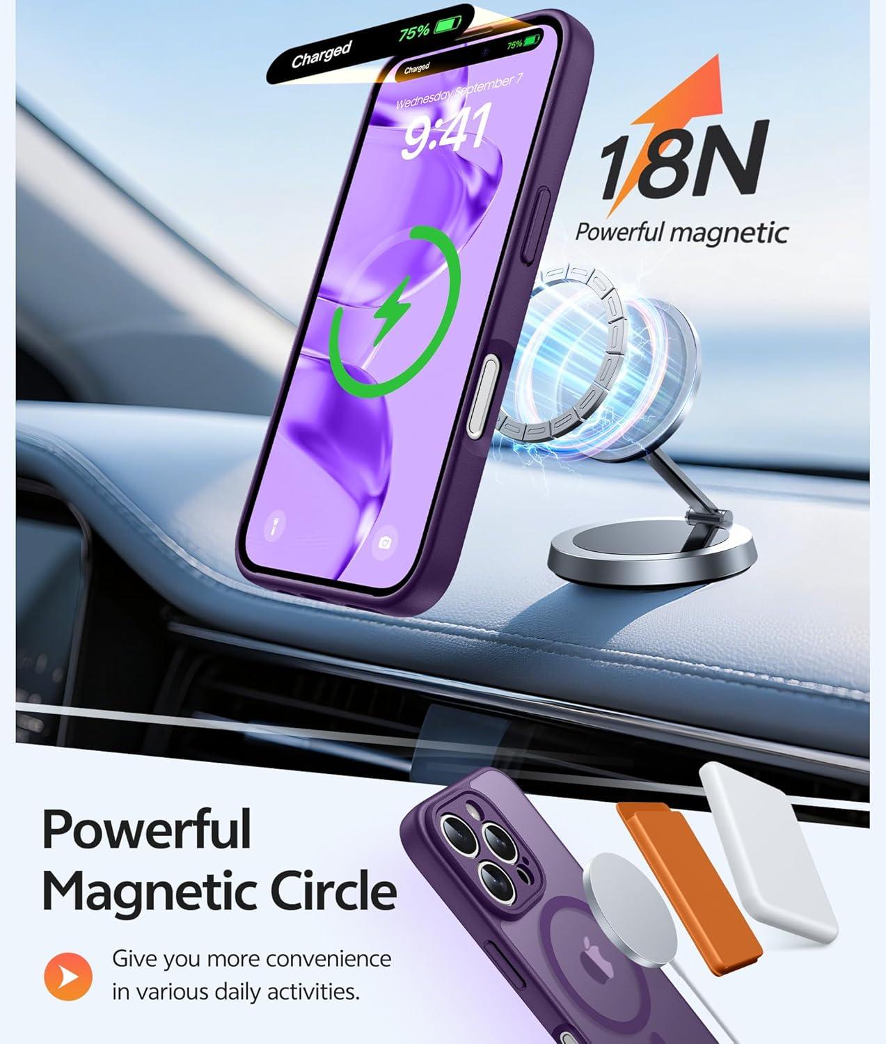 imageFNTCASE for iPhone 15 Pro Case Compatible with Magsafe Translucent Matte Magnetic Phone Cover Military Grade Drop Protection Shockproof Protective Cases BlackPurple