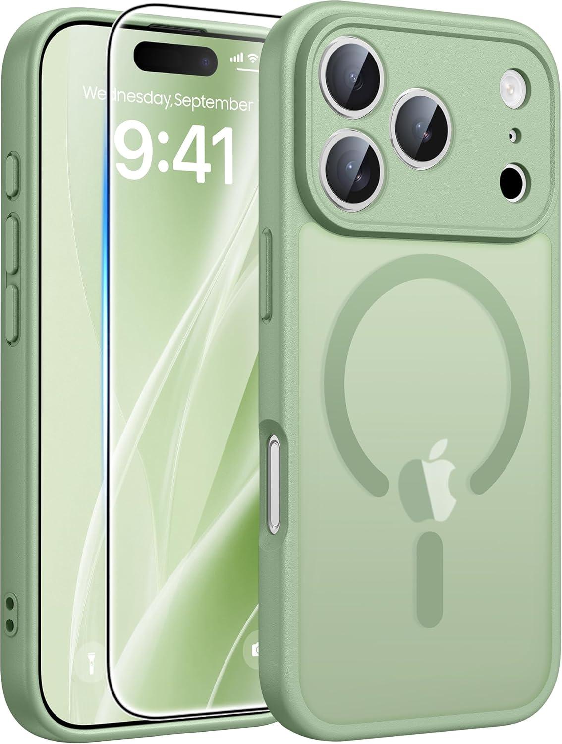 imageFNTCASE for iPhone 15 Pro Case Compatible with Magsafe Translucent Matte Magnetic Phone Cover Military Grade Drop Protection Shockproof Protective Cases BlackLight Moss