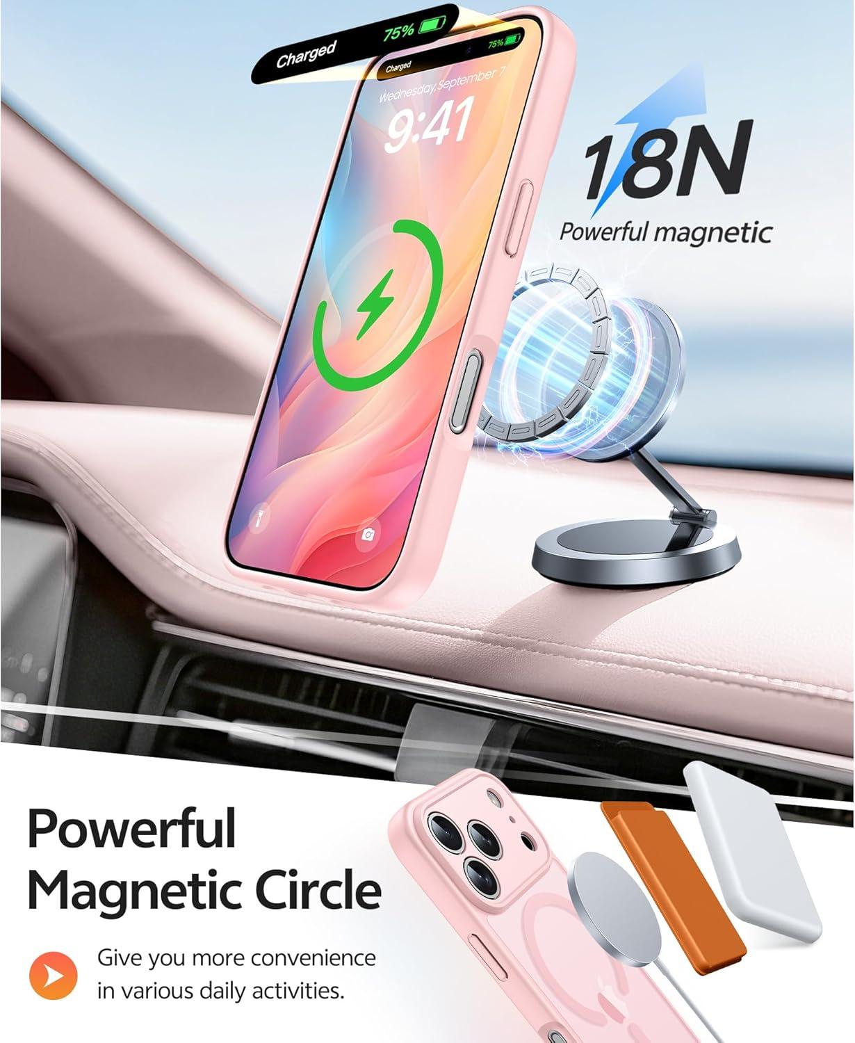 imageFNTCASE for iPhone 15 Pro Case Compatible with Magsafe Translucent Matte Magnetic Phone Cover Military Grade Drop Protection Shockproof Protective Cases BlackLight Pink
