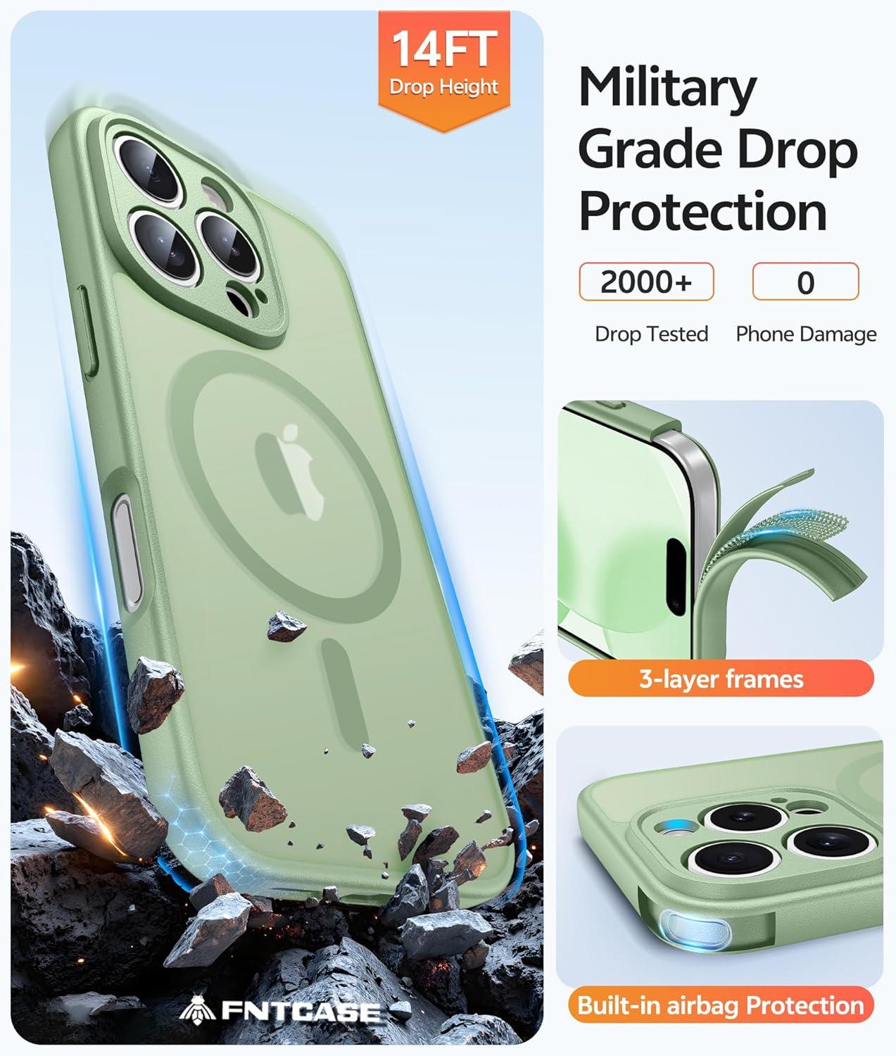 imageFNTCASE for iPhone 15 Pro Case Compatible with Magsafe Translucent Matte Magnetic Phone Cover Military Grade Drop Protection Shockproof Protective Cases BlackLight Moss