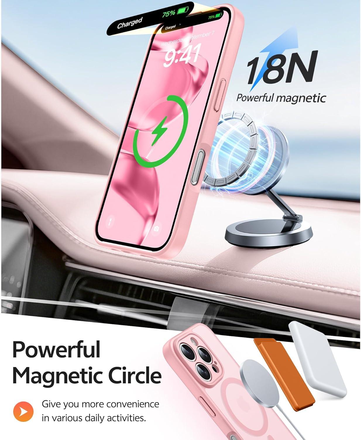 imageFNTCASE for iPhone 15 Pro Case Compatible with Magsafe Translucent Matte Magnetic Phone Cover Military Grade Drop Protection Shockproof Protective Cases BlackLight Pink