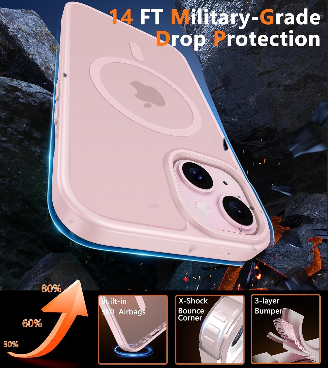 imageFNTCASE for iPhone 15 Pro Case Compatible with Magsafe Translucent Matte Magnetic Phone Cover Military Grade Drop Protection Shockproof Protective Cases BlackLight Pink