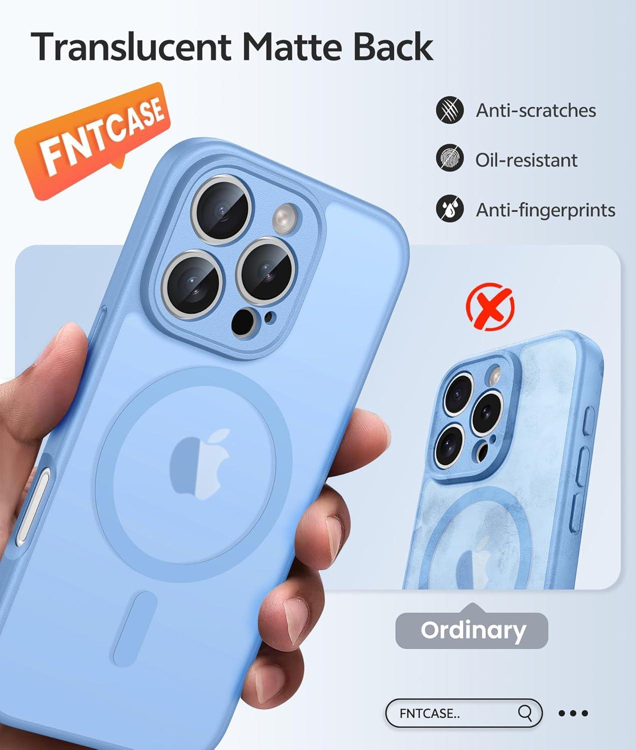 imageFNTCASE for iPhone 15 Pro Case Compatible with Magsafe Translucent Matte Magnetic Phone Cover Military Grade Drop Protection Shockproof Protective Cases BlackLight Blue