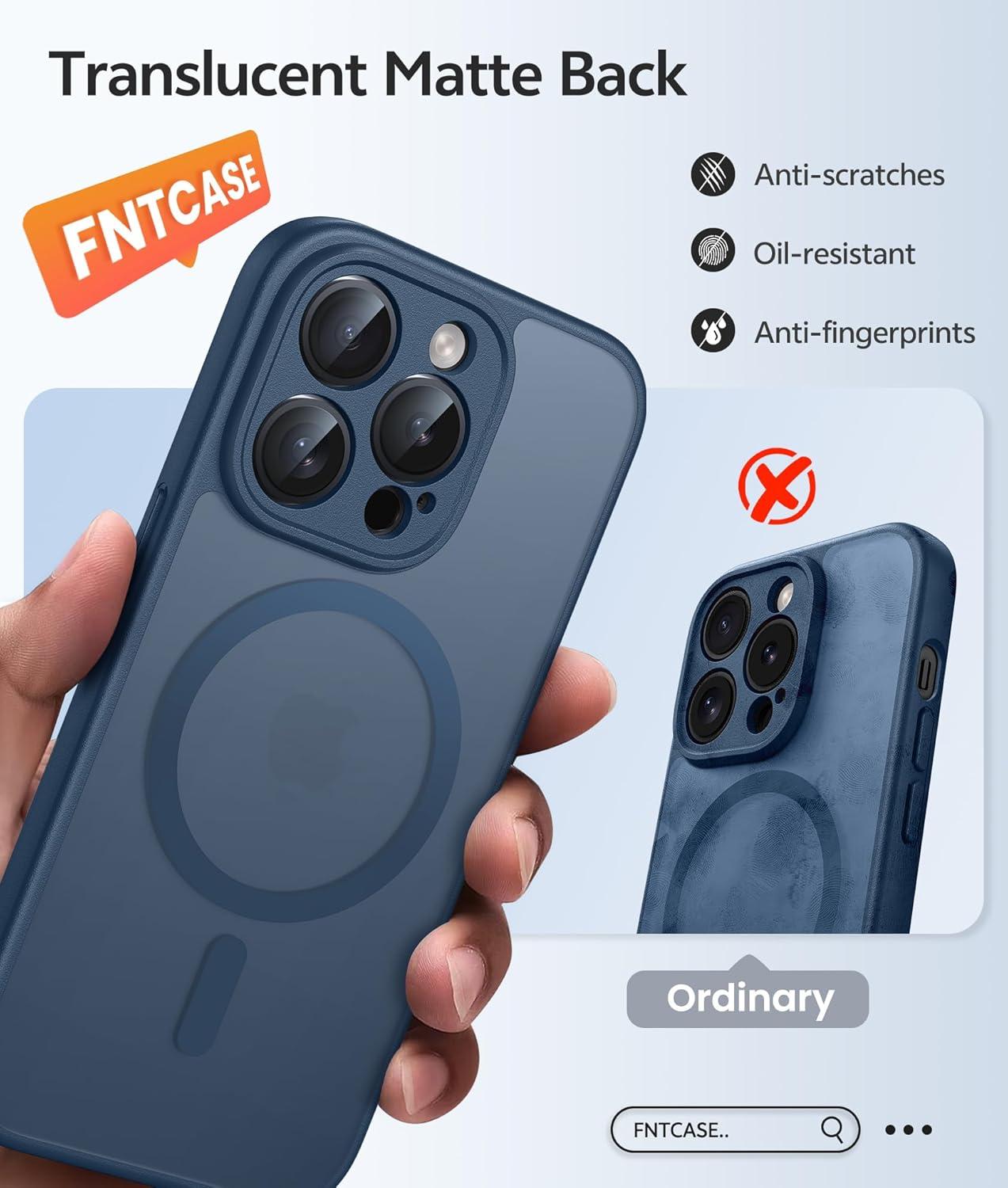 imageFNTCASE for iPhone 15 Pro Case Compatible with Magsafe Translucent Matte Magnetic Phone Cover Military Grade Drop Protection Shockproof Protective Cases BlackBlue