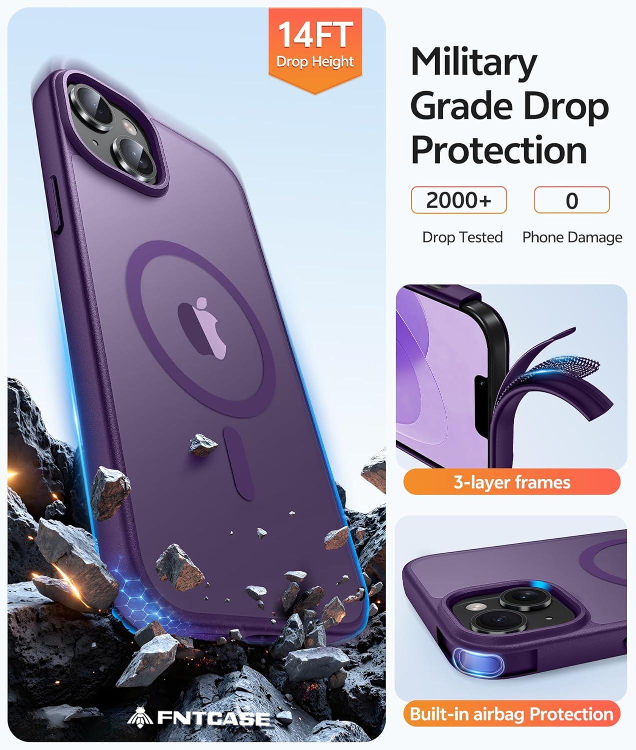 imageFNTCASE for iPhone 15 Pro Case Compatible with Magsafe Translucent Matte Magnetic Phone Cover Military Grade Drop Protection Shockproof Protective Cases BlackPurple