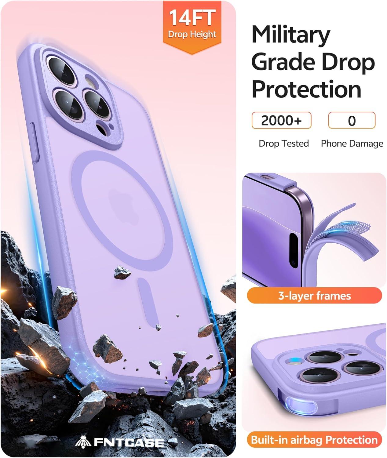 imageFNTCASE for iPhone 15 Pro Case Compatible with Magsafe Translucent Matte Magnetic Phone Cover Military Grade Drop Protection Shockproof Protective Cases BlackLight Purple