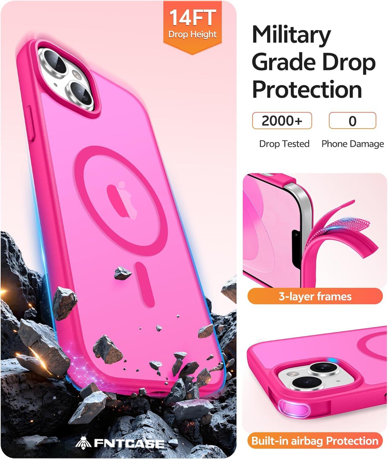 imageFNTCASE for iPhone 15 Pro Case Compatible with Magsafe Translucent Matte Magnetic Phone Cover Military Grade Drop Protection Shockproof Protective Cases BlackHot Pink