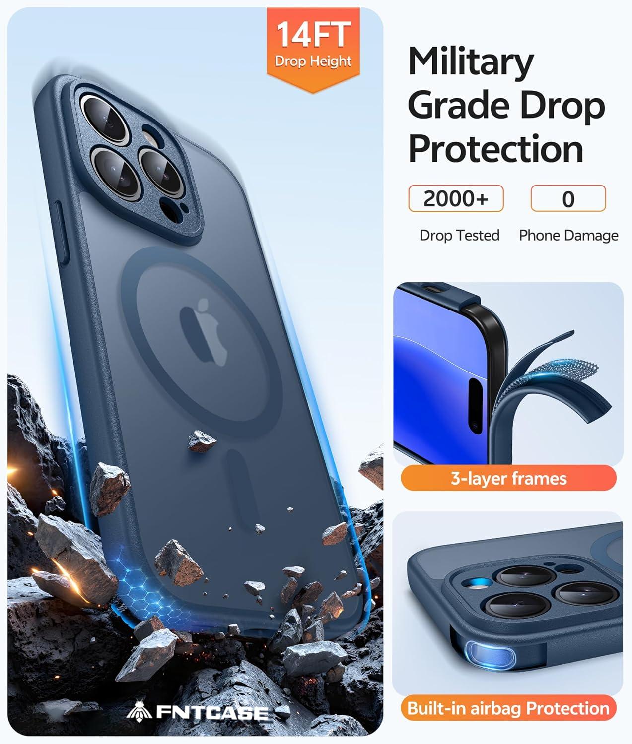 imageFNTCASE for iPhone 15 Pro Case Compatible with Magsafe Translucent Matte Magnetic Phone Cover Military Grade Drop Protection Shockproof Protective Cases BlackBlue