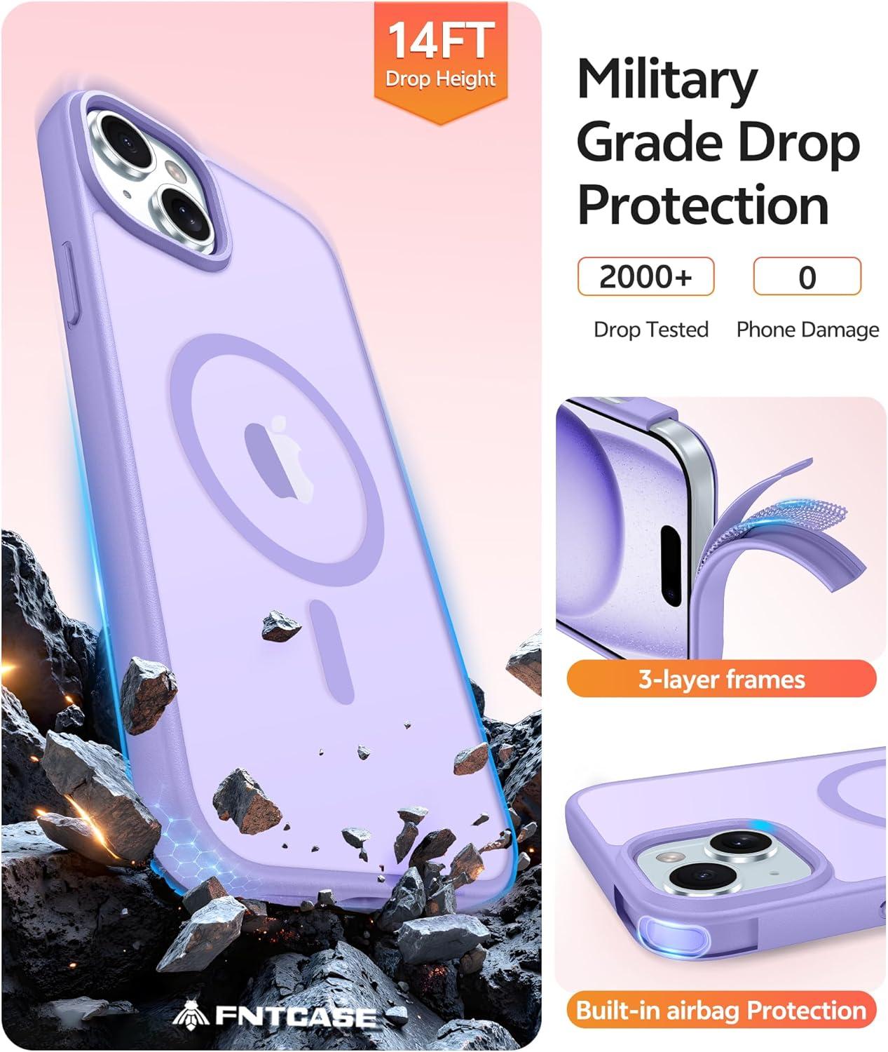 imageFNTCASE for iPhone 15 Pro Case Compatible with Magsafe Translucent Matte Magnetic Phone Cover Military Grade Drop Protection Shockproof Protective Cases BlackLight Purple