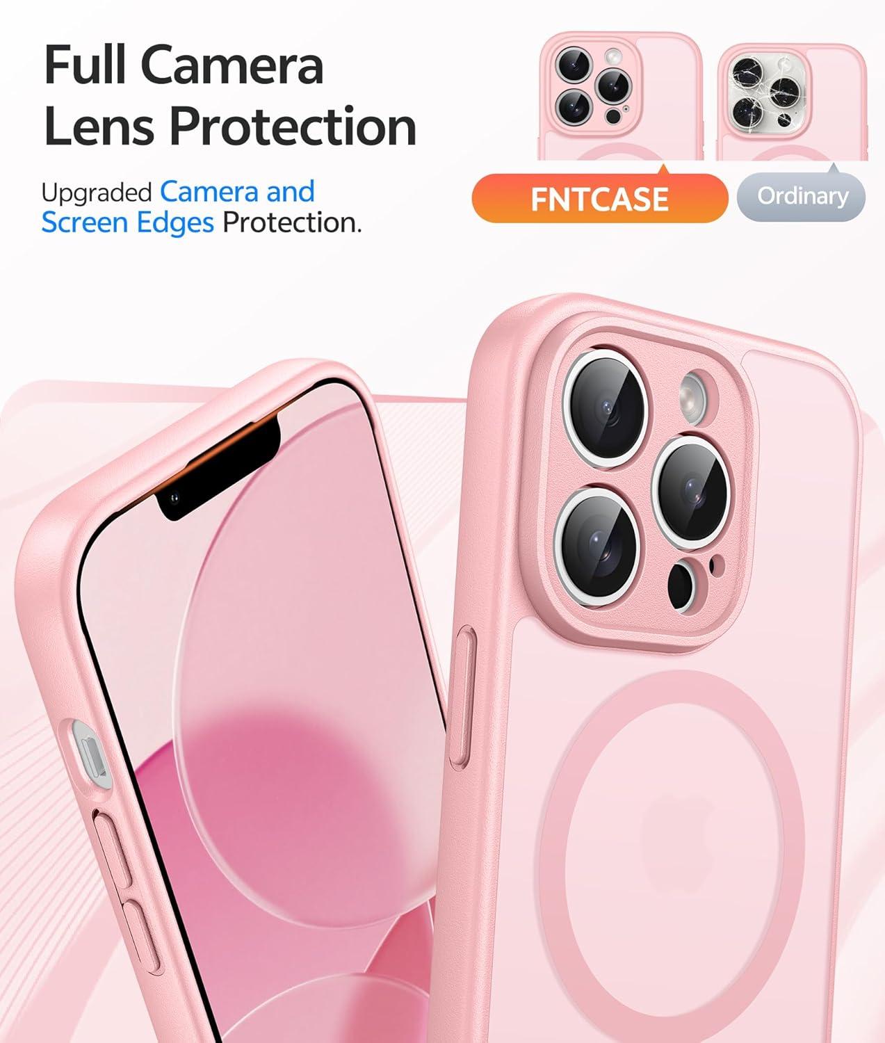 imageFNTCASE for iPhone 15 Pro Case Compatible with Magsafe Translucent Matte Magnetic Phone Cover Military Grade Drop Protection Shockproof Protective Cases BlackLight Pink