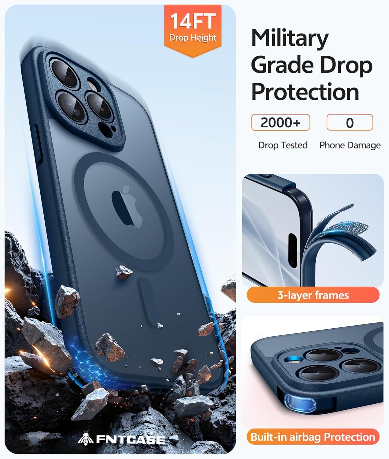 imageFNTCASE for iPhone 15 Pro Case Compatible with Magsafe Translucent Matte Magnetic Phone Cover Military Grade Drop Protection Shockproof Protective Cases BlackBlue