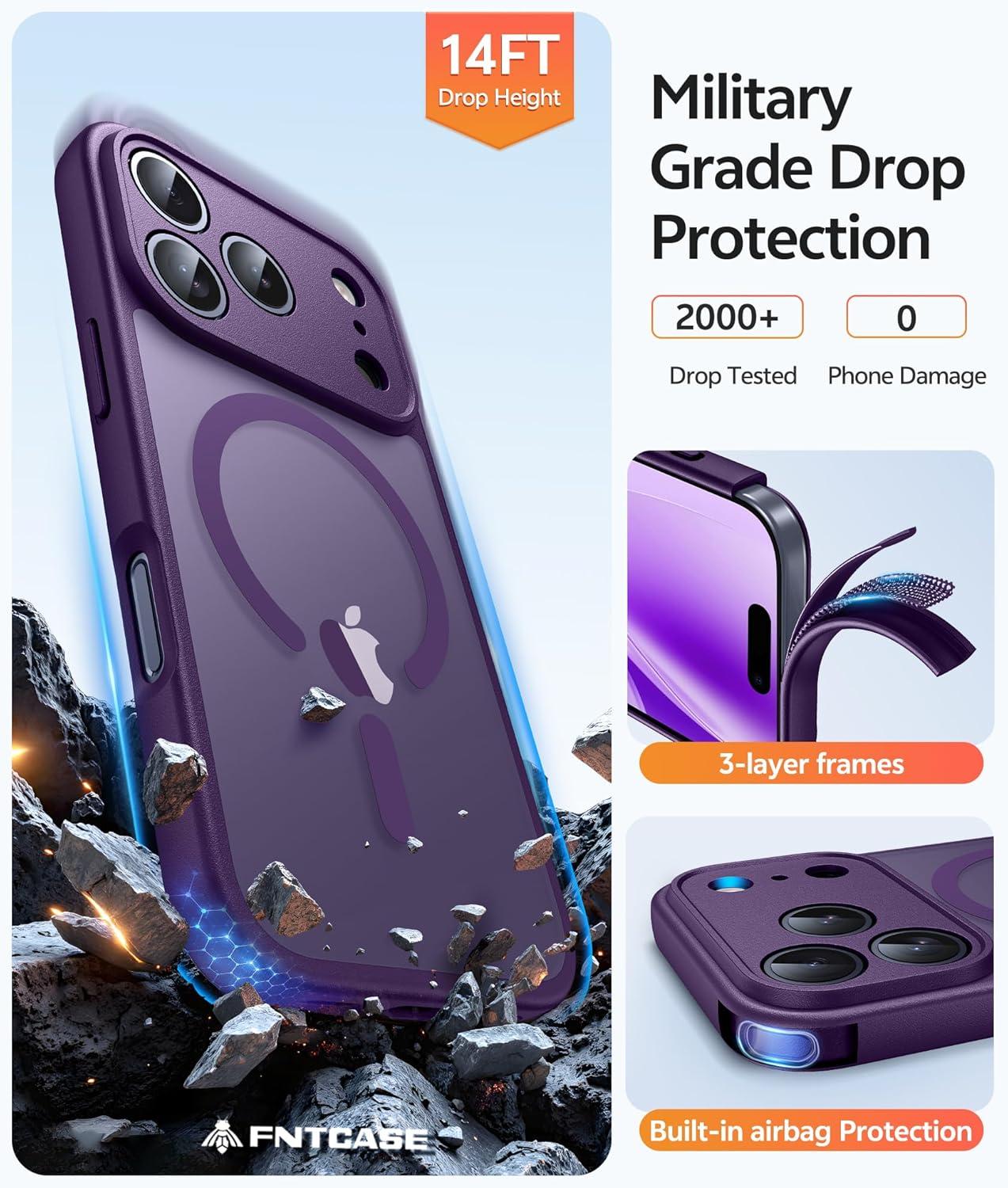 imageFNTCASE for iPhone 15 Pro Case Compatible with Magsafe Translucent Matte Magnetic Phone Cover Military Grade Drop Protection Shockproof Protective Cases BlackPurple