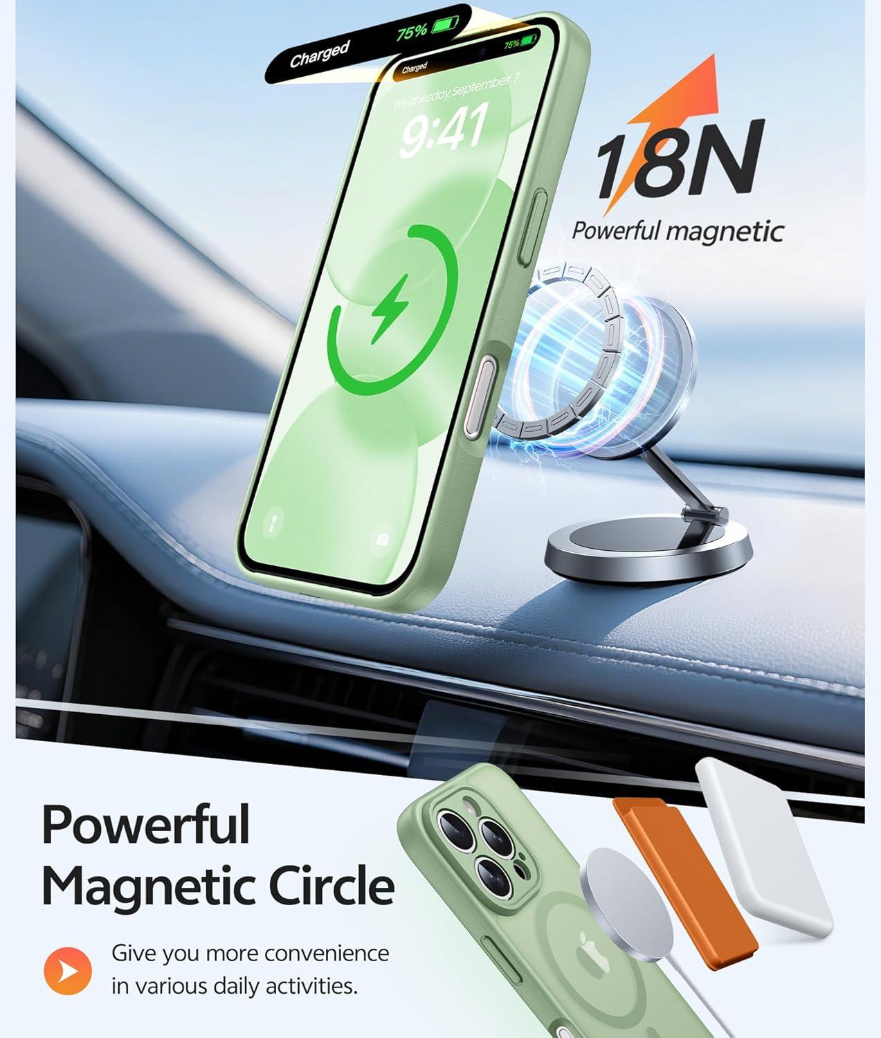 imageFNTCASE for iPhone 15 Pro Case Compatible with Magsafe Translucent Matte Magnetic Phone Cover Military Grade Drop Protection Shockproof Protective Cases BlackLight Moss