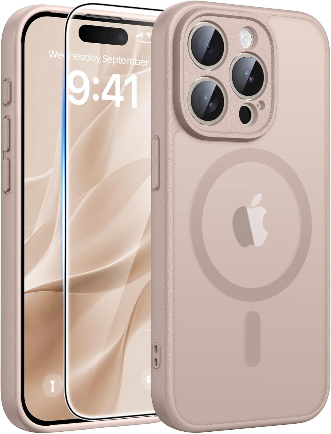 imageFNTCASE for iPhone 15 Pro Case Compatible with Magsafe Translucent Matte Magnetic Phone Cover Military Grade Drop Protection Shockproof Protective Cases BlackDesert Gold