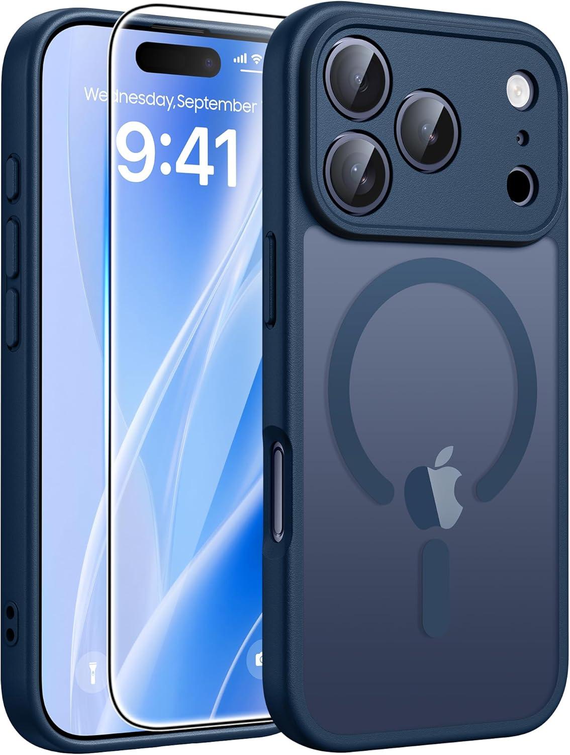 imageFNTCASE for iPhone 15 Pro Case Compatible with Magsafe Translucent Matte Magnetic Phone Cover Military Grade Drop Protection Shockproof Protective Cases BlackBlue