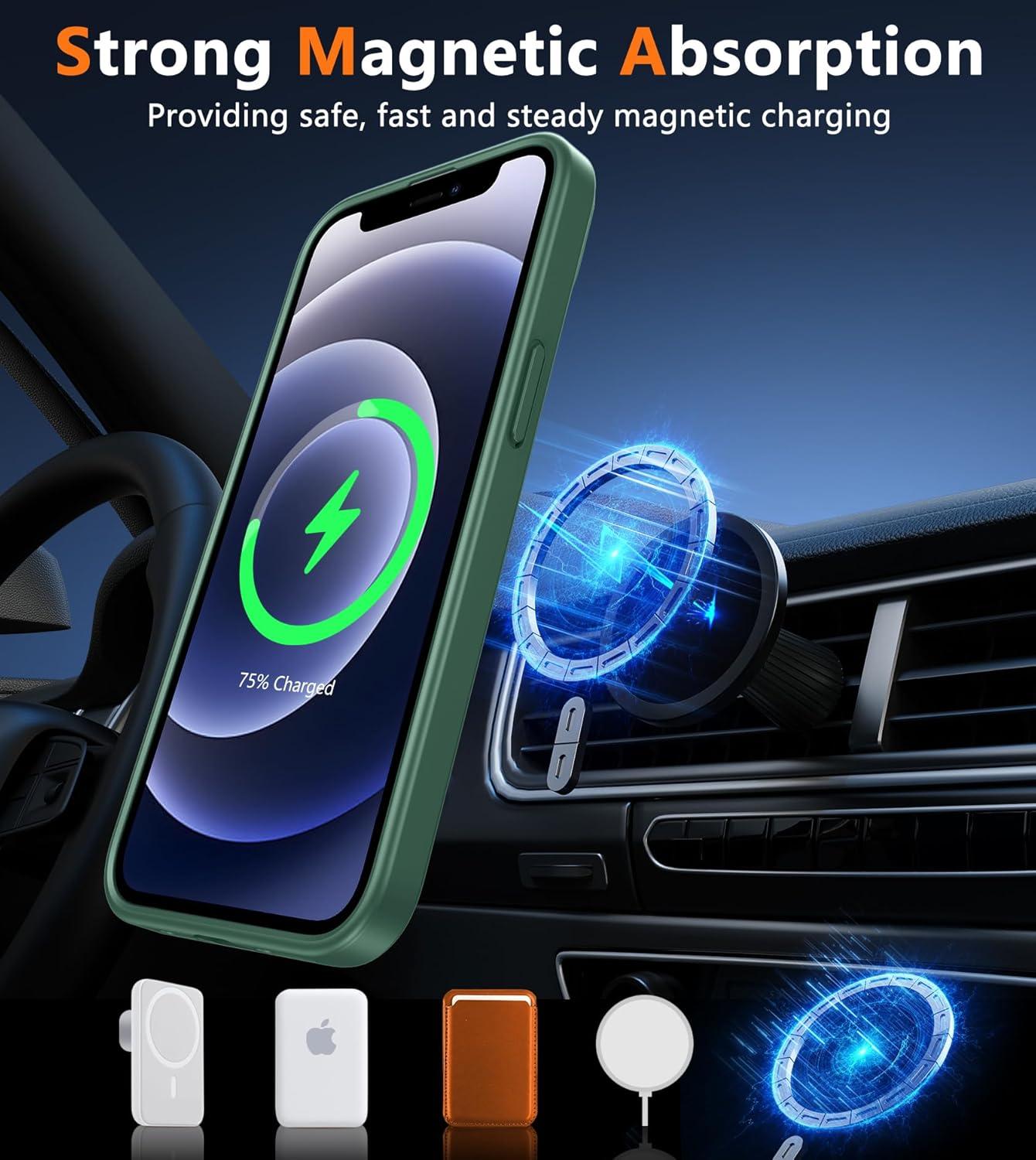 imageFNTCASE for iPhone 15 Pro Case Compatible with Magsafe Translucent Matte Magnetic Phone Cover Military Grade Drop Protection Shockproof Protective Cases BlackGreen