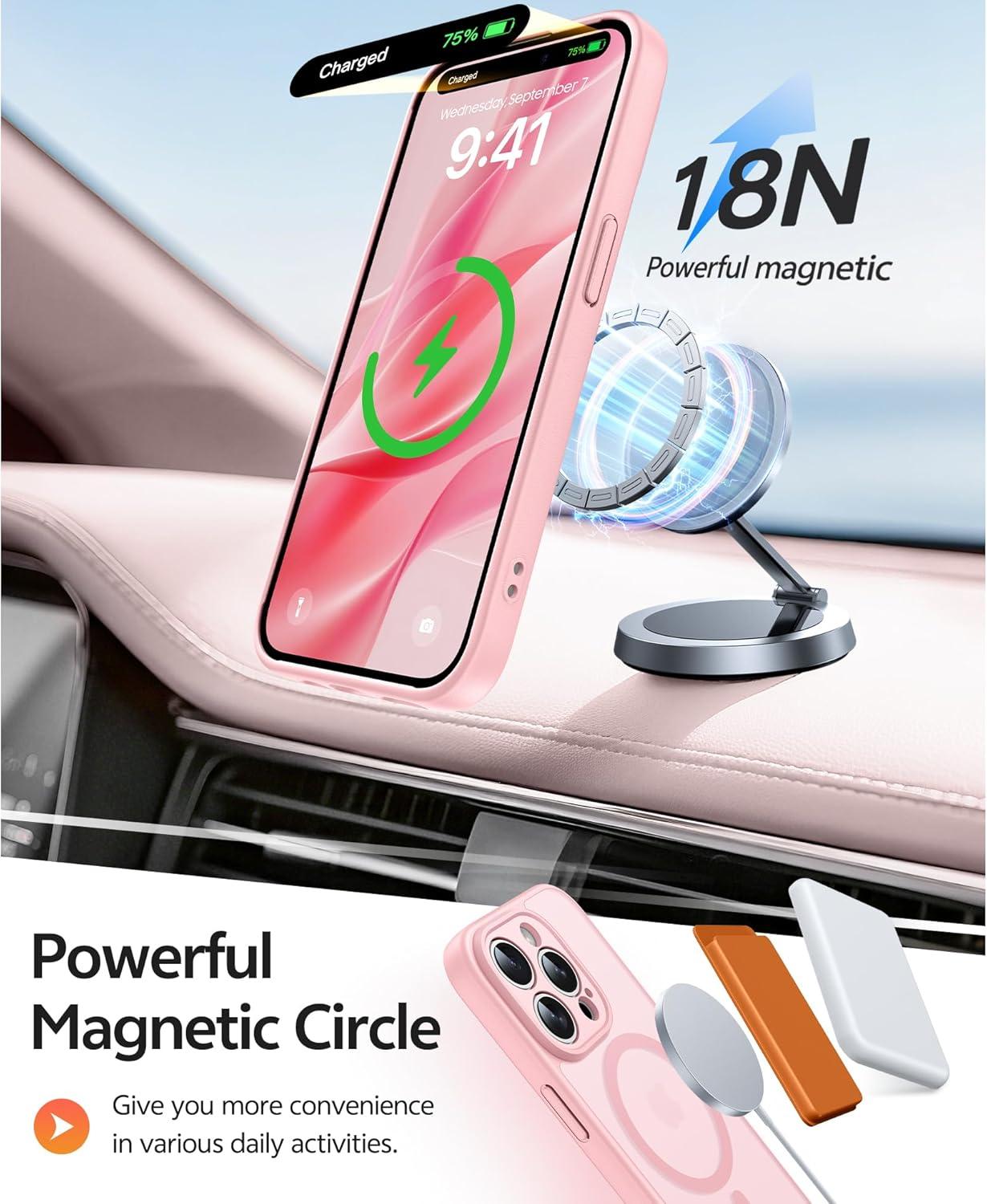 imageFNTCASE for iPhone 15 Pro Case Compatible with Magsafe Translucent Matte Magnetic Phone Cover Military Grade Drop Protection Shockproof Protective Cases BlackLight Pink