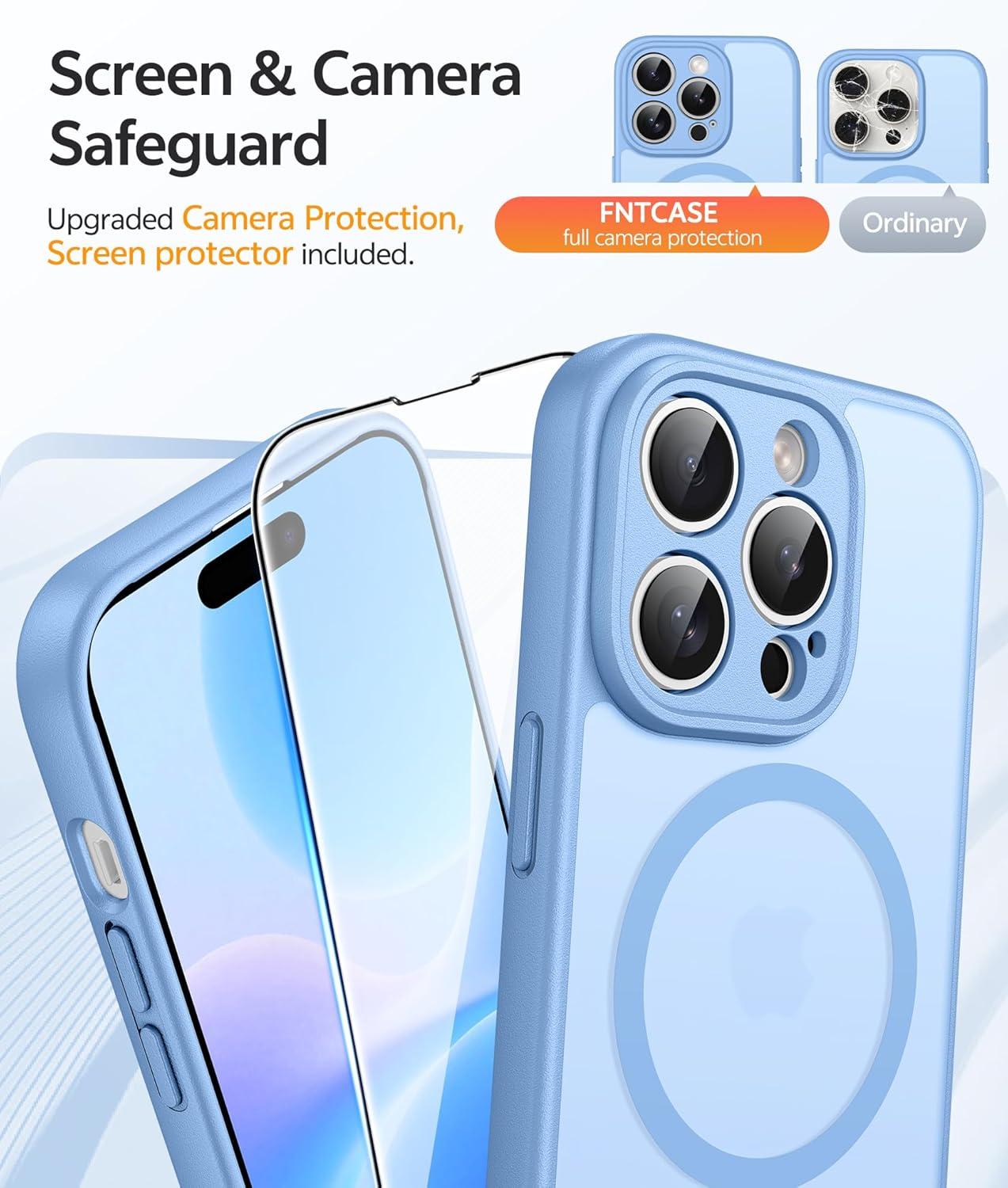 imageFNTCASE for iPhone 15 Pro Case Compatible with Magsafe Translucent Matte Magnetic Phone Cover Military Grade Drop Protection Shockproof Protective Cases BlackLight Blue