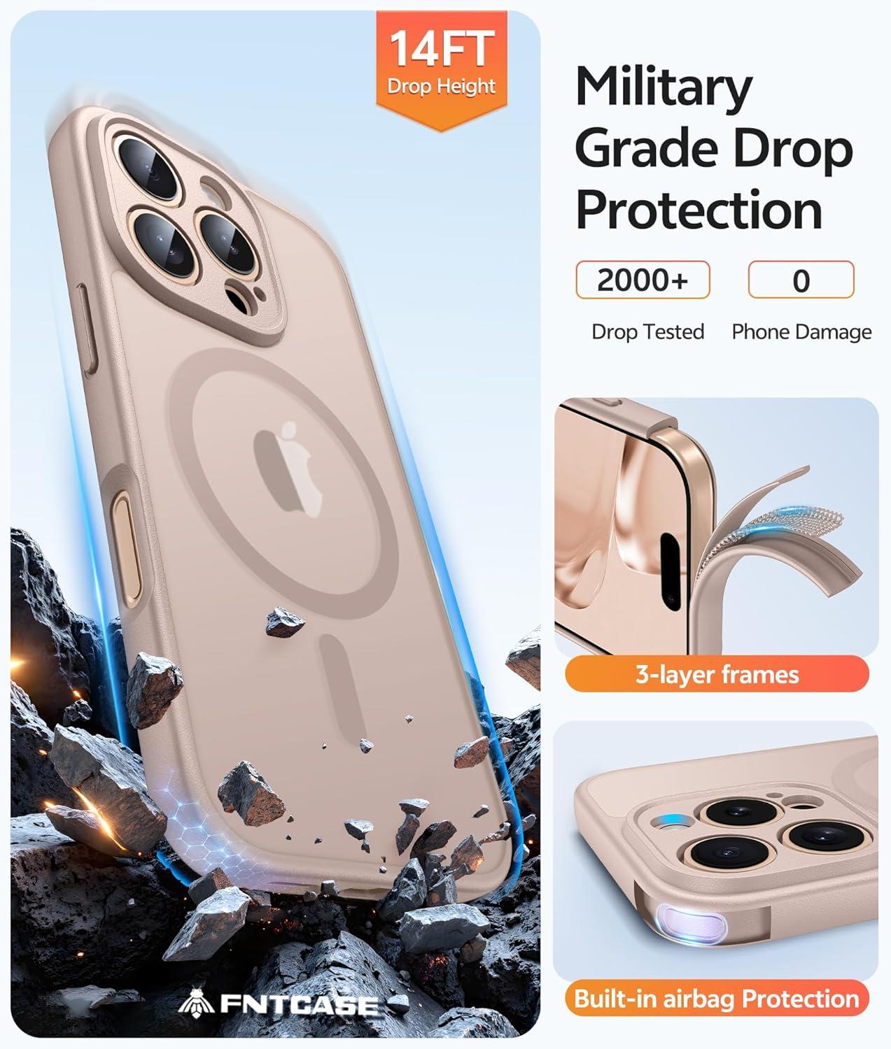 imageFNTCASE for iPhone 15 Pro Case Compatible with Magsafe Translucent Matte Magnetic Phone Cover Military Grade Drop Protection Shockproof Protective Cases BlackDesert Gold