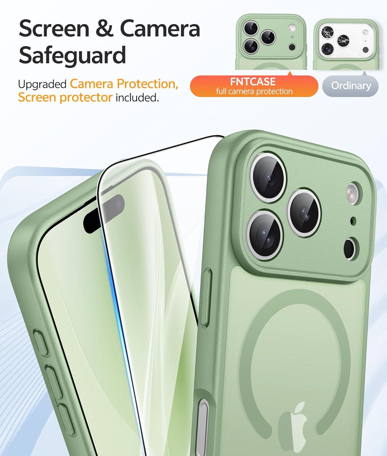 imageFNTCASE for iPhone 15 Pro Case Compatible with Magsafe Translucent Matte Magnetic Phone Cover Military Grade Drop Protection Shockproof Protective Cases BlackLight Moss