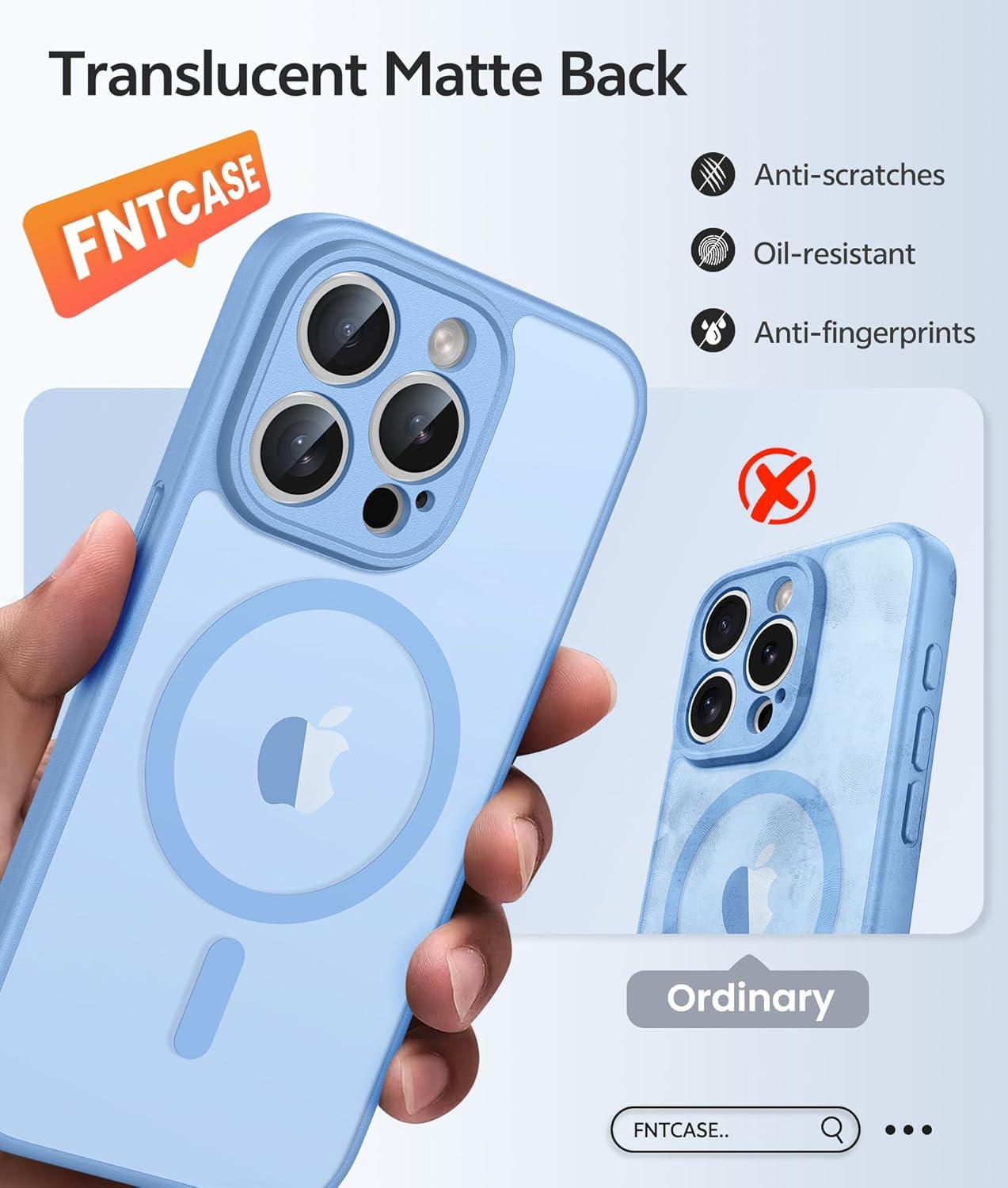 imageFNTCASE for iPhone 15 Pro Case Compatible with Magsafe Translucent Matte Magnetic Phone Cover Military Grade Drop Protection Shockproof Protective Cases BlackLight Blue