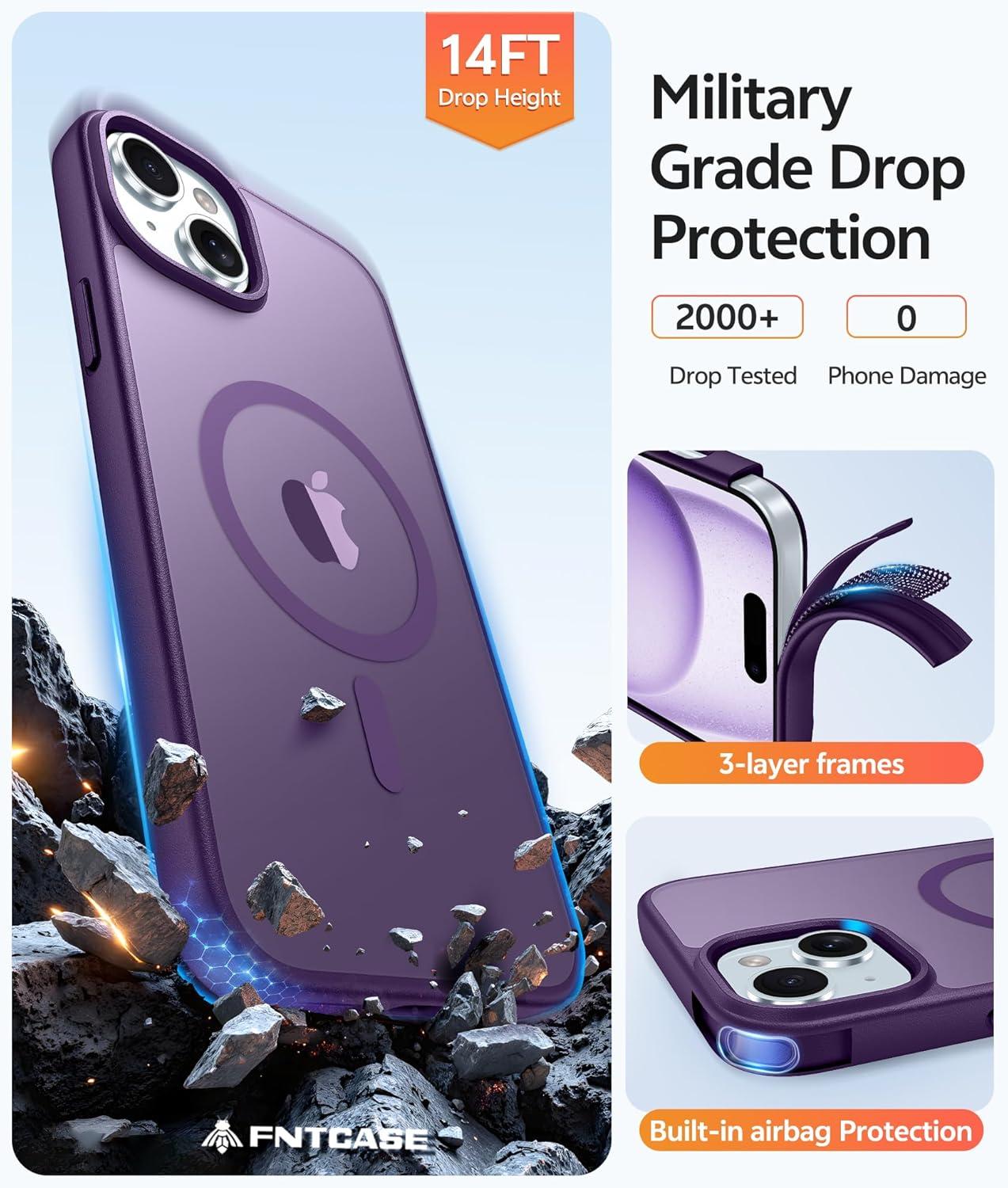 imageFNTCASE for iPhone 15 Pro Case Compatible with Magsafe Translucent Matte Magnetic Phone Cover Military Grade Drop Protection Shockproof Protective Cases BlackPurple