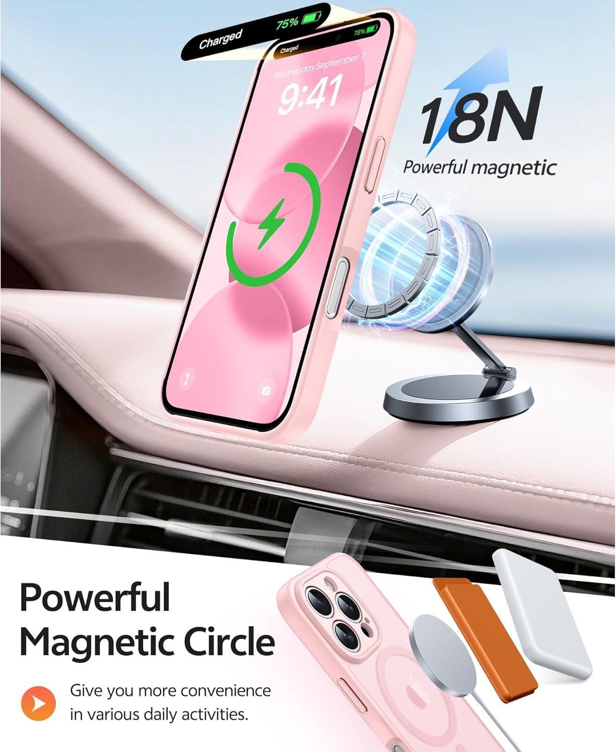 imageFNTCASE for iPhone 15 Pro Case Compatible with Magsafe Translucent Matte Magnetic Phone Cover Military Grade Drop Protection Shockproof Protective Cases BlackLight Pink