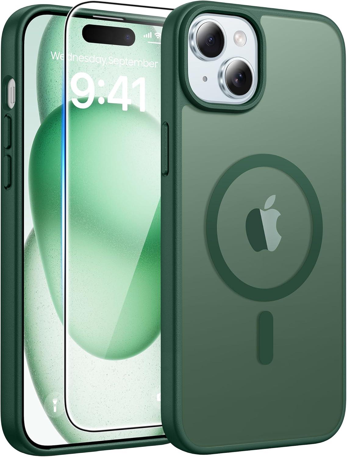 imageFNTCASE for iPhone 15 Pro Case Compatible with Magsafe Translucent Matte Magnetic Phone Cover Military Grade Drop Protection Shockproof Protective Cases BlackGreen
