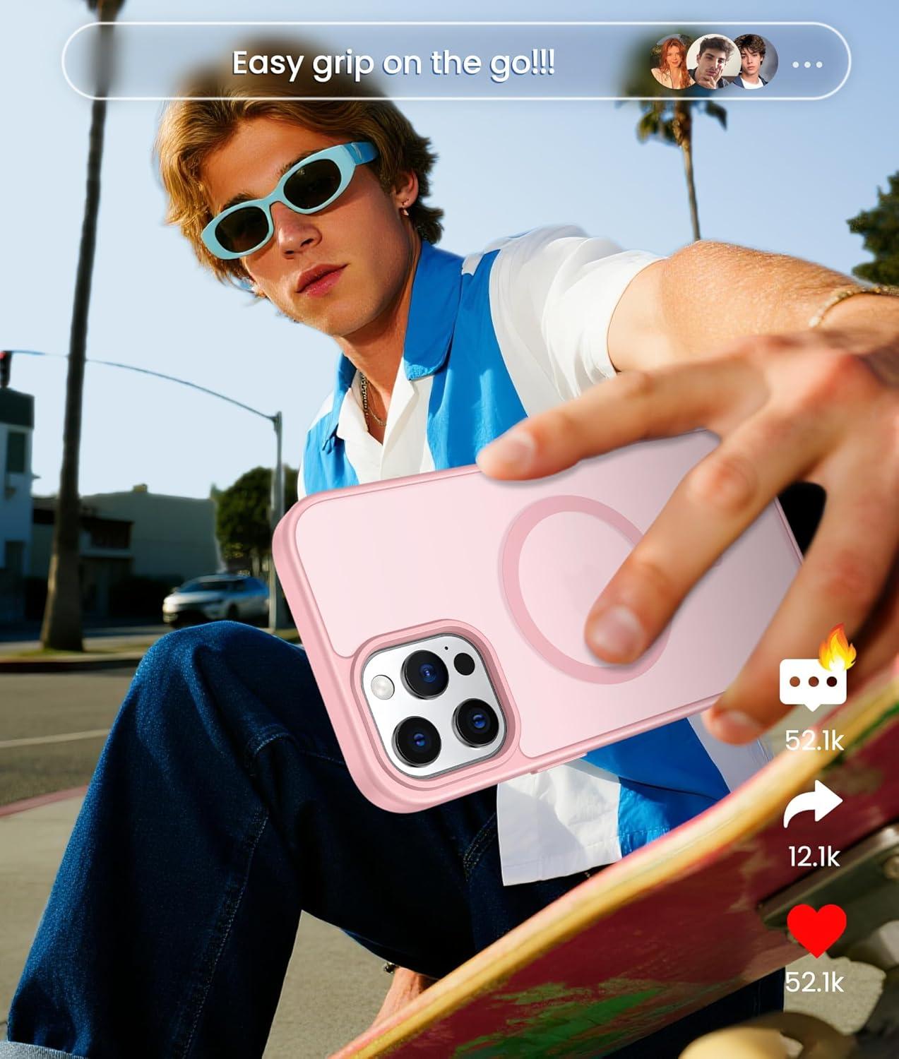 imageFNTCASE for iPhone 15 Pro Case Compatible with Magsafe Translucent Matte Magnetic Phone Cover Military Grade Drop Protection Shockproof Protective Cases BlackLight Pink
