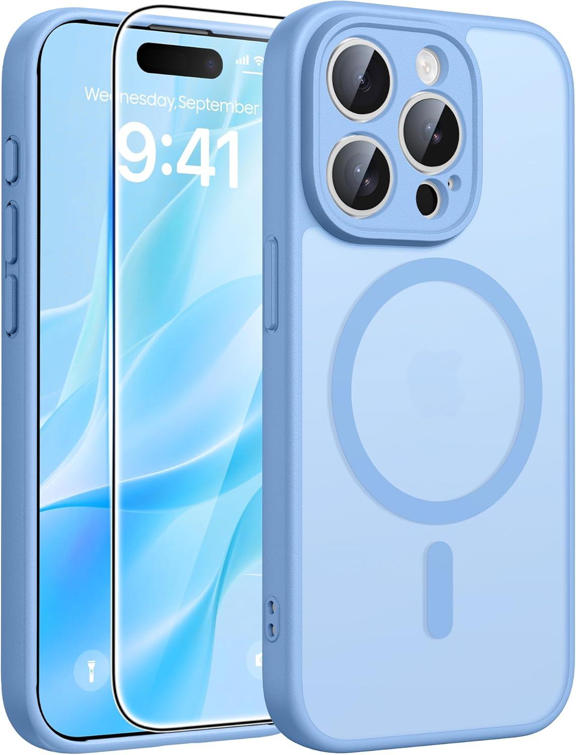 imageFNTCASE for iPhone 15 Pro Case Compatible with Magsafe Translucent Matte Magnetic Phone Cover Military Grade Drop Protection Shockproof Protective Cases BlackLight Blue