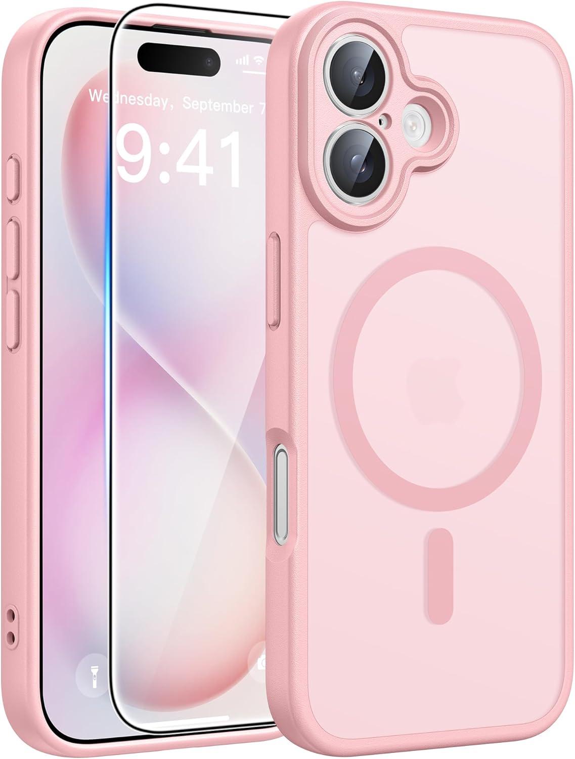 imageFNTCASE for iPhone 15 Pro Case Compatible with Magsafe Translucent Matte Magnetic Phone Cover Military Grade Drop Protection Shockproof Protective Cases BlackLight Pink