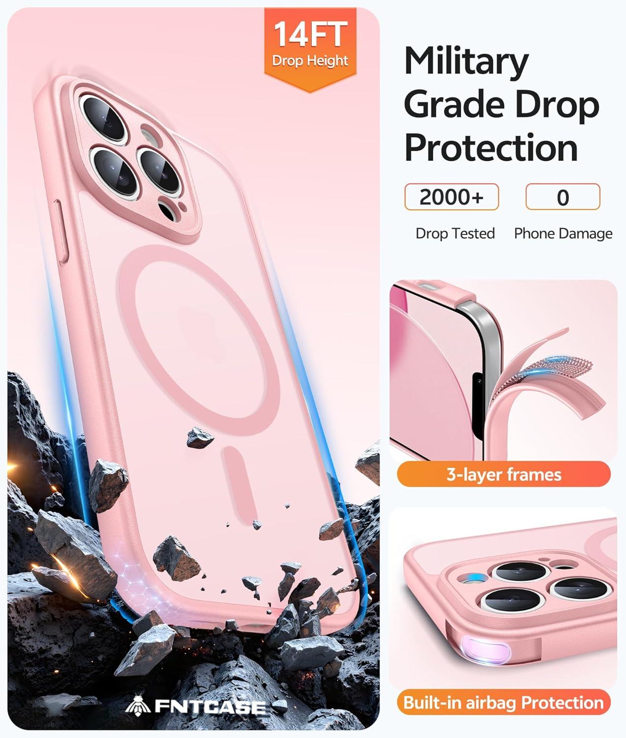 imageFNTCASE for iPhone 15 Pro Case Compatible with Magsafe Translucent Matte Magnetic Phone Cover Military Grade Drop Protection Shockproof Protective Cases BlackLight Pink