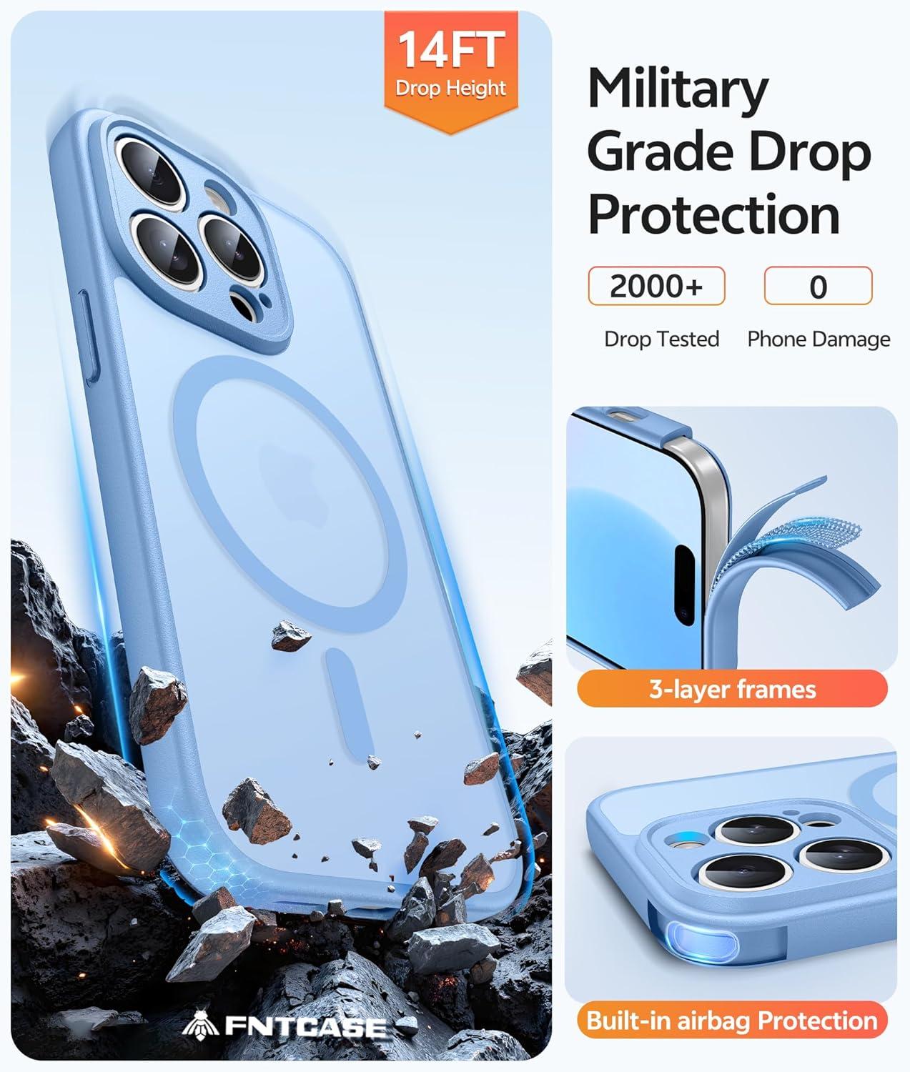 imageFNTCASE for iPhone 15 Pro Case Compatible with Magsafe Translucent Matte Magnetic Phone Cover Military Grade Drop Protection Shockproof Protective Cases BlackLight Blue