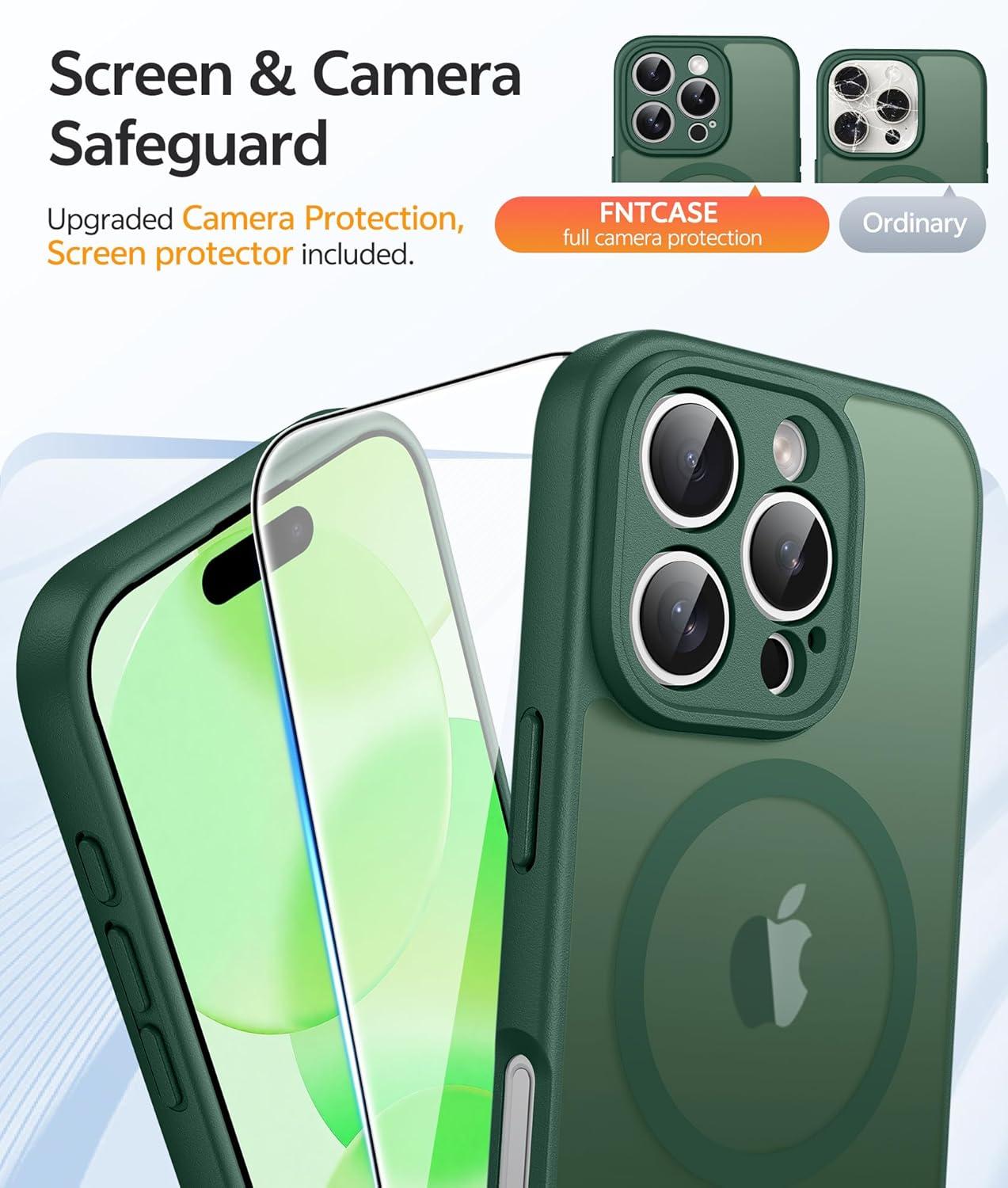 imageFNTCASE for iPhone 15 Pro Case Compatible with Magsafe Translucent Matte Magnetic Phone Cover Military Grade Drop Protection Shockproof Protective Cases BlackGreen