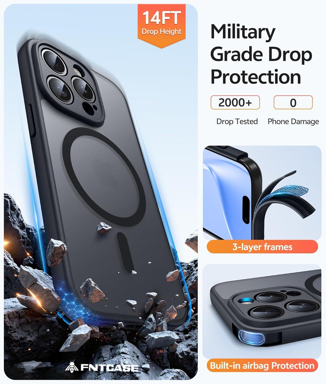 imageFNTCASE for iPhone 15 Pro Case Compatible with Magsafe Translucent Matte Magnetic Phone Cover Military Grade Drop Protection Shockproof Protective Cases BlackBlack