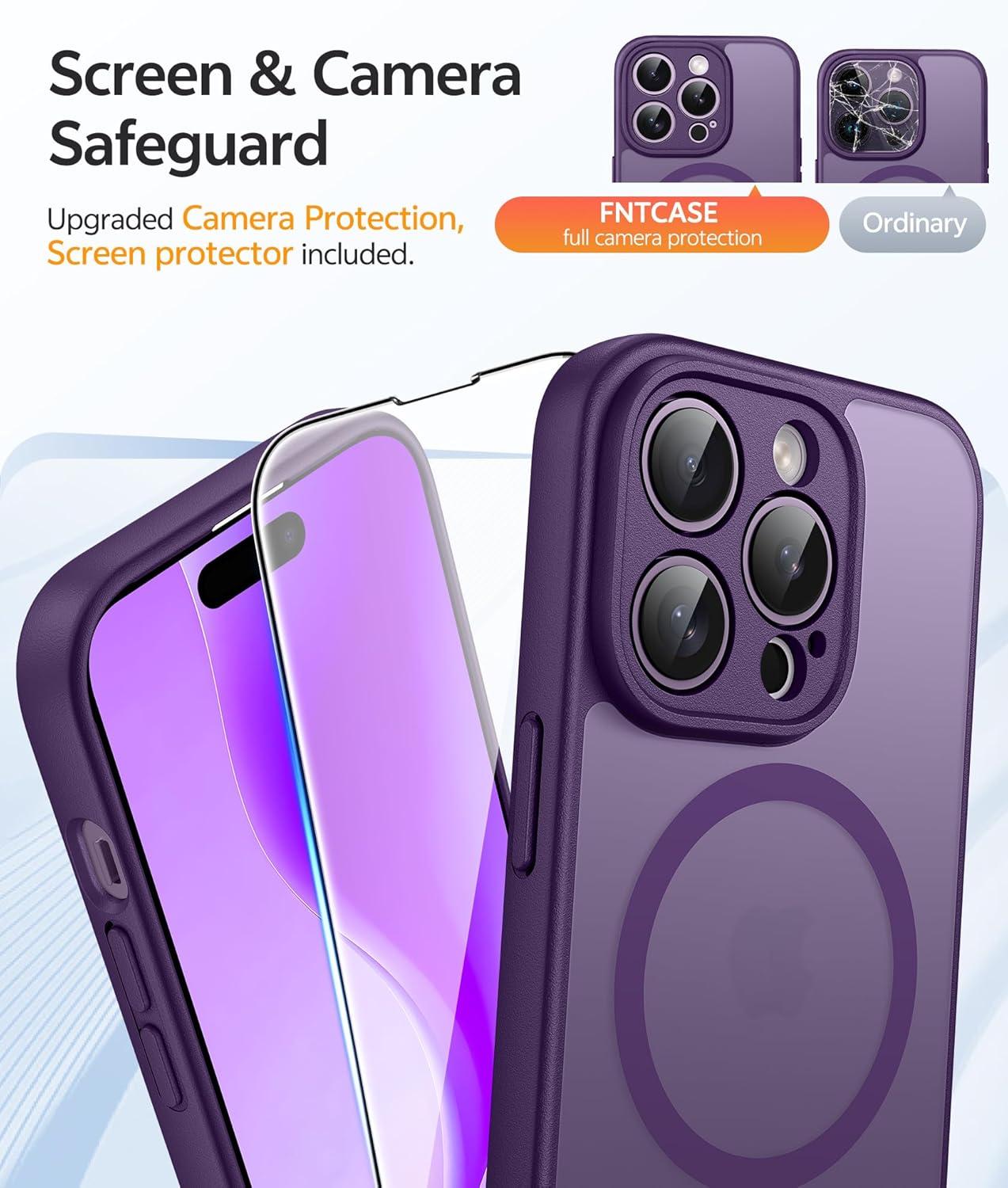imageFNTCASE for iPhone 15 Pro Case Compatible with Magsafe Translucent Matte Magnetic Phone Cover Military Grade Drop Protection Shockproof Protective Cases BlackPurple