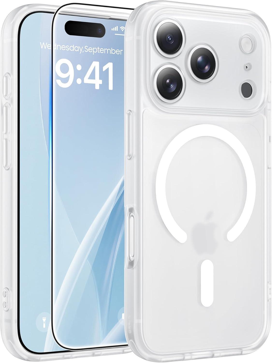imageFNTCASE for iPhone 15 Pro Case Compatible with Magsafe Translucent Matte Magnetic Phone Cover Military Grade Drop Protection Shockproof Protective Cases BlackWhite