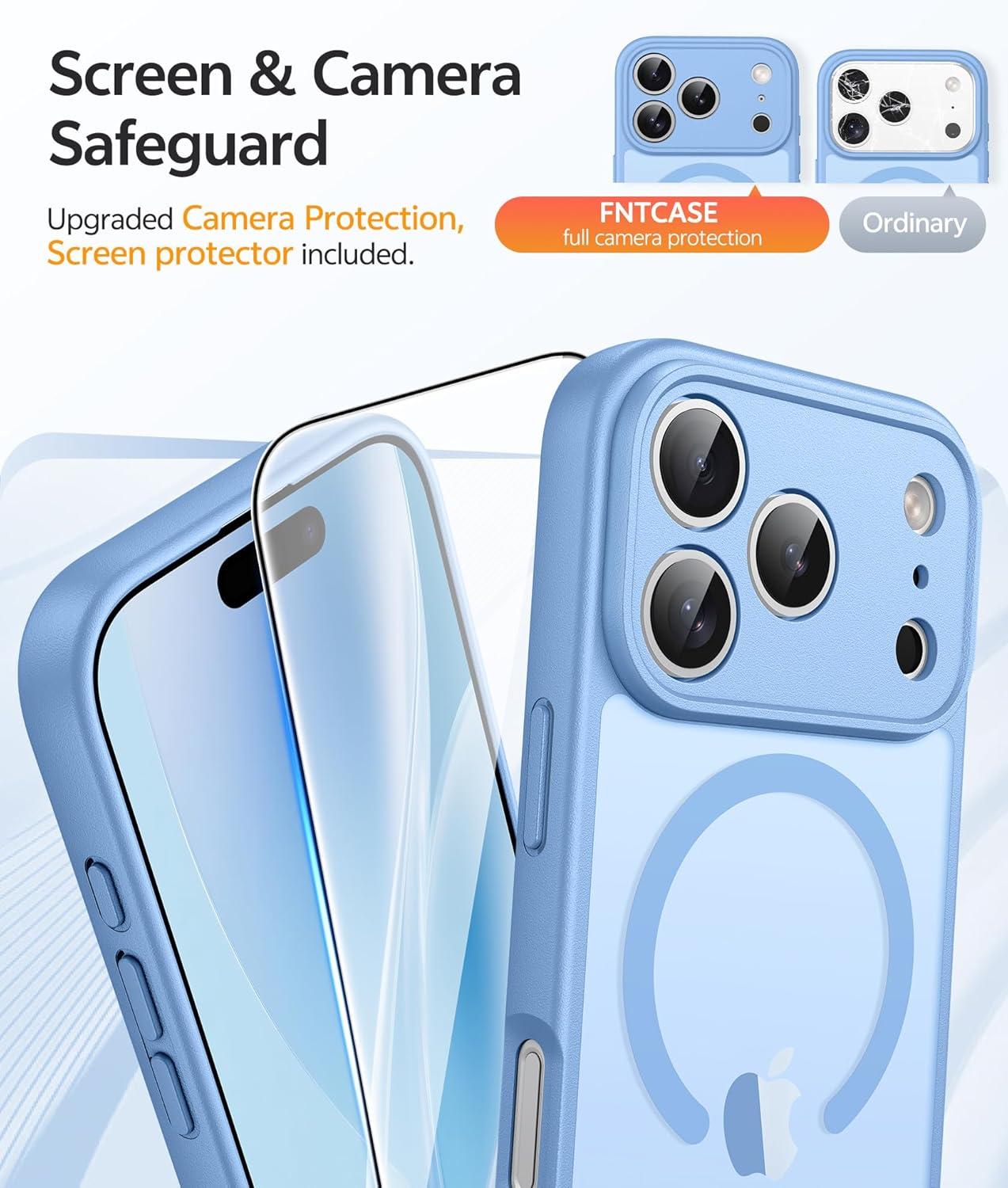 imageFNTCASE for iPhone 15 Pro Case Compatible with Magsafe Translucent Matte Magnetic Phone Cover Military Grade Drop Protection Shockproof Protective Cases BlackLight Blue