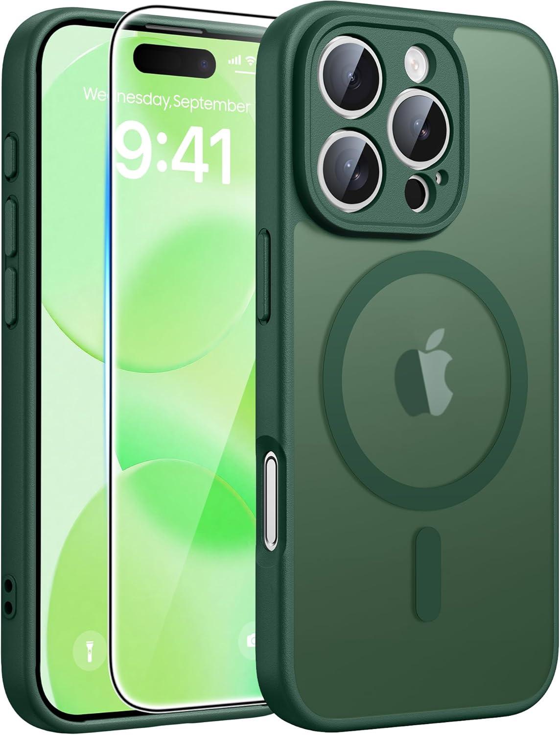 imageFNTCASE for iPhone 15 Pro Case Compatible with Magsafe Translucent Matte Magnetic Phone Cover Military Grade Drop Protection Shockproof Protective Cases BlackGreen
