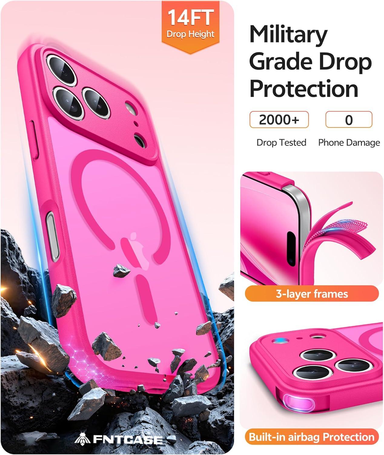 imageFNTCASE for iPhone 15 Pro Case Compatible with Magsafe Translucent Matte Magnetic Phone Cover Military Grade Drop Protection Shockproof Protective Cases BlackHot Pink