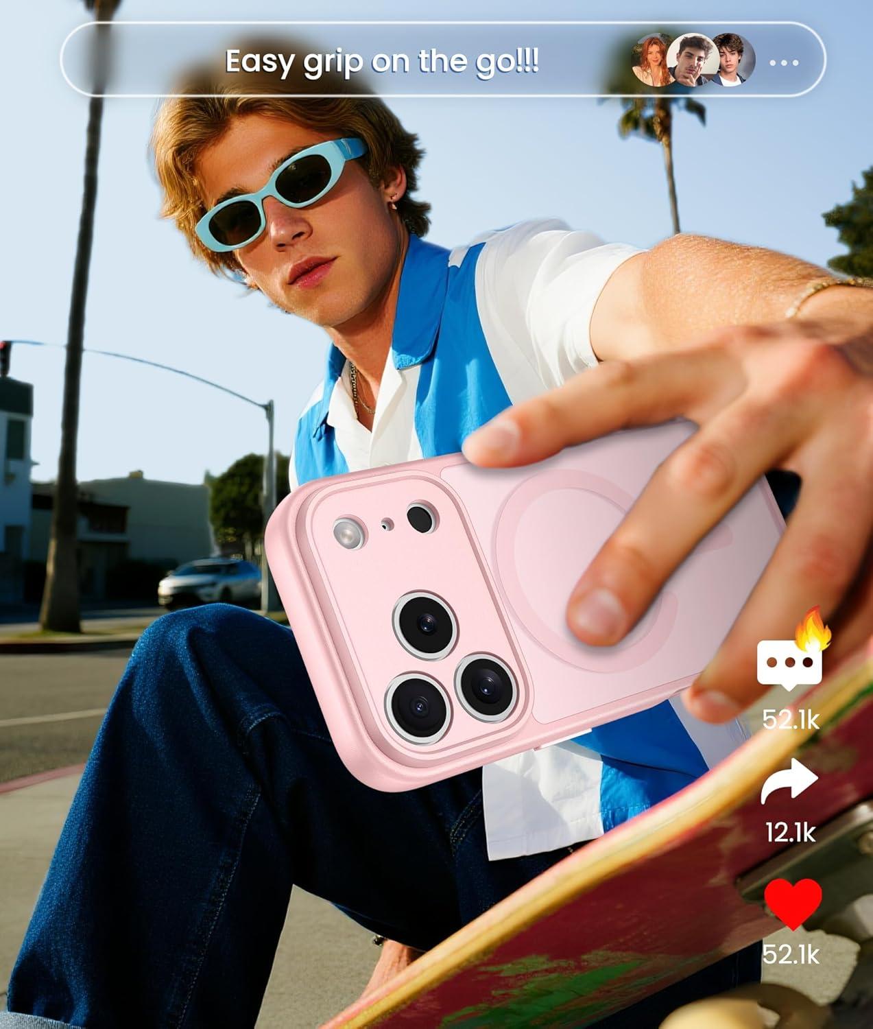 imageFNTCASE for iPhone 15 Pro Case Compatible with Magsafe Translucent Matte Magnetic Phone Cover Military Grade Drop Protection Shockproof Protective Cases BlackLight Pink