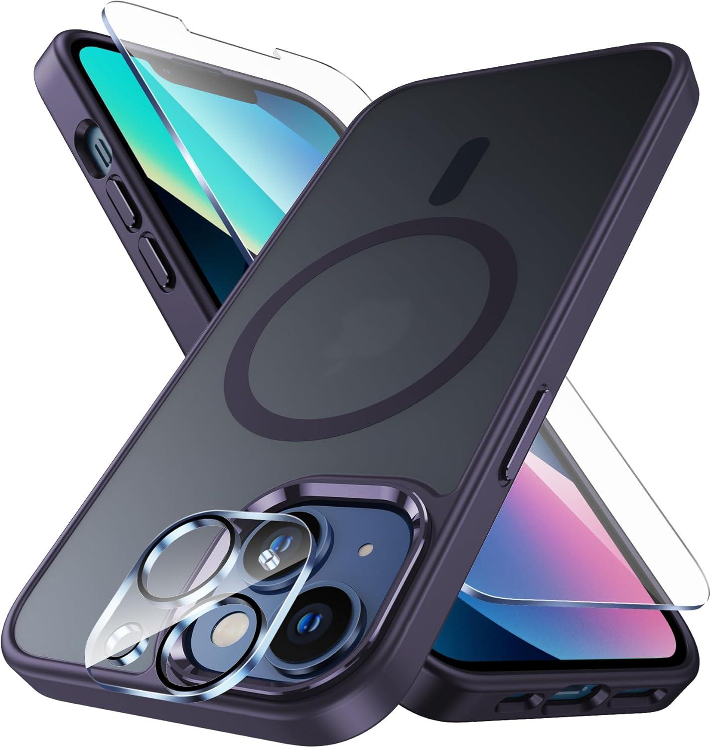 imageFNTCASE for iPhone 15 Pro Case Compatible with Magsafe Translucent Matte Magnetic Phone Cover Military Grade Drop Protection Shockproof Protective Cases BlackPurple