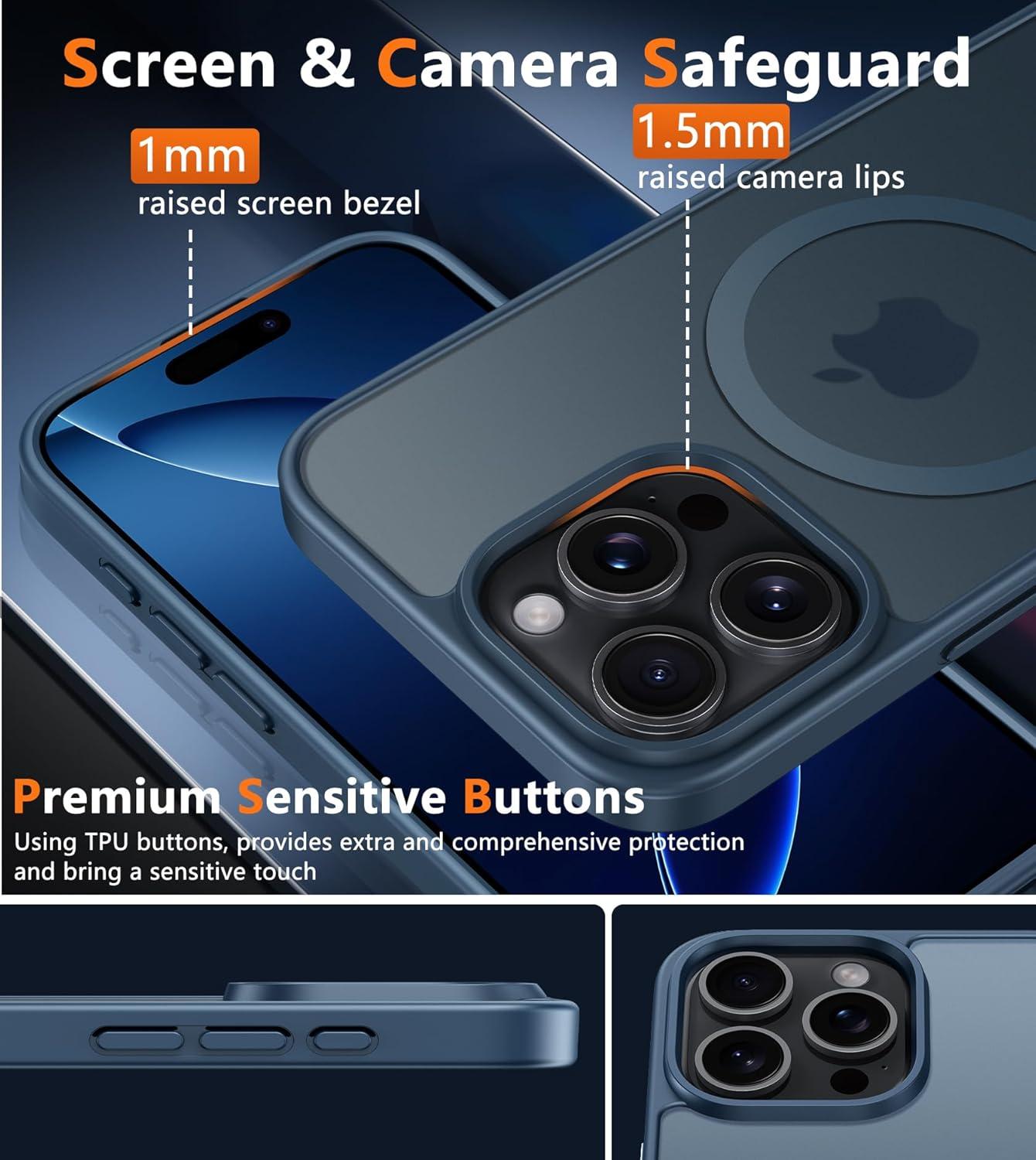 imageFNTCASE for iPhone 15 Pro Case Compatible with Magsafe Translucent Matte Magnetic Phone Cover Military Grade Drop Protection Shockproof Protective Cases BlackBlue