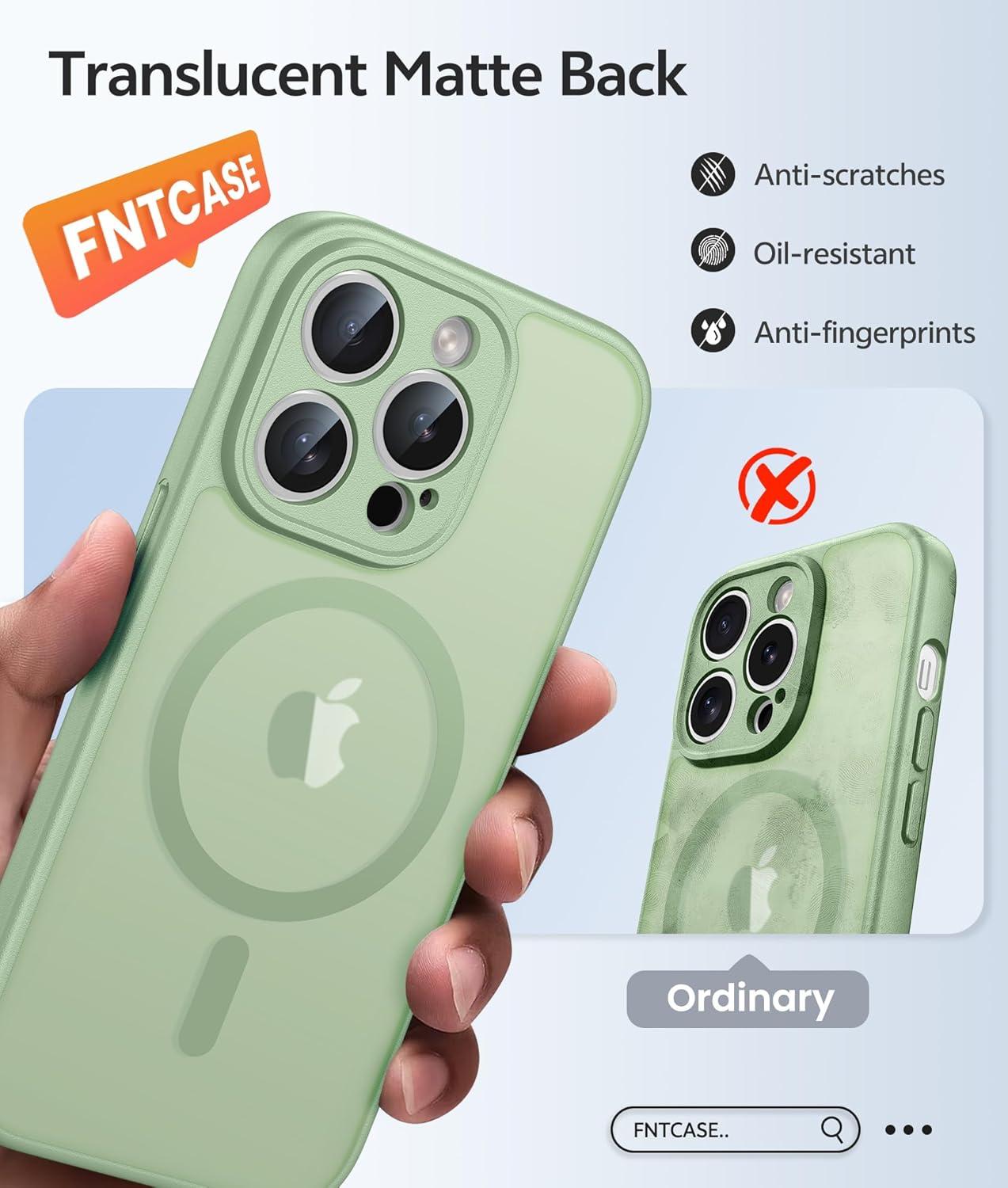 imageFNTCASE for iPhone 15 Pro Case Compatible with Magsafe Translucent Matte Magnetic Phone Cover Military Grade Drop Protection Shockproof Protective Cases BlackLight Moss
