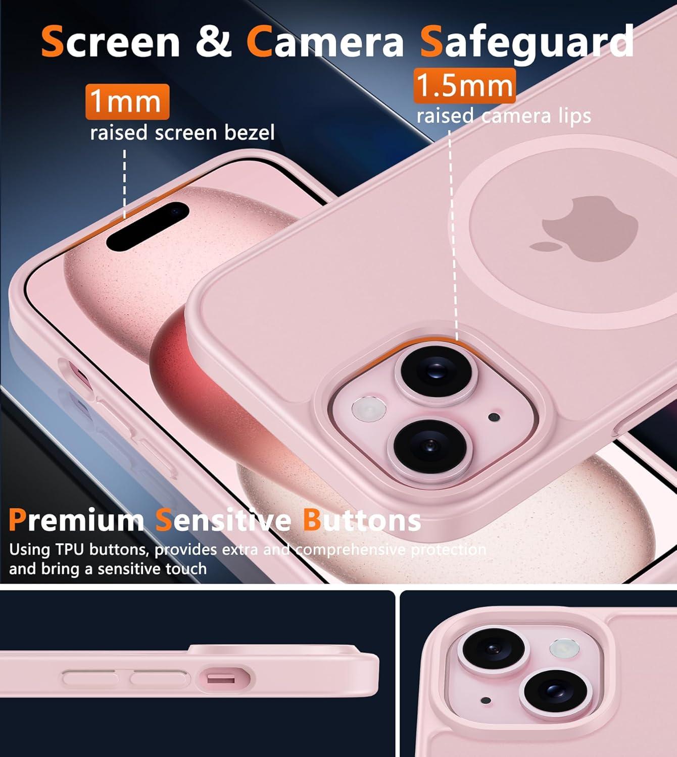 imageFNTCASE for iPhone 15 Pro Case Compatible with Magsafe Translucent Matte Magnetic Phone Cover Military Grade Drop Protection Shockproof Protective Cases BlackLight Pink