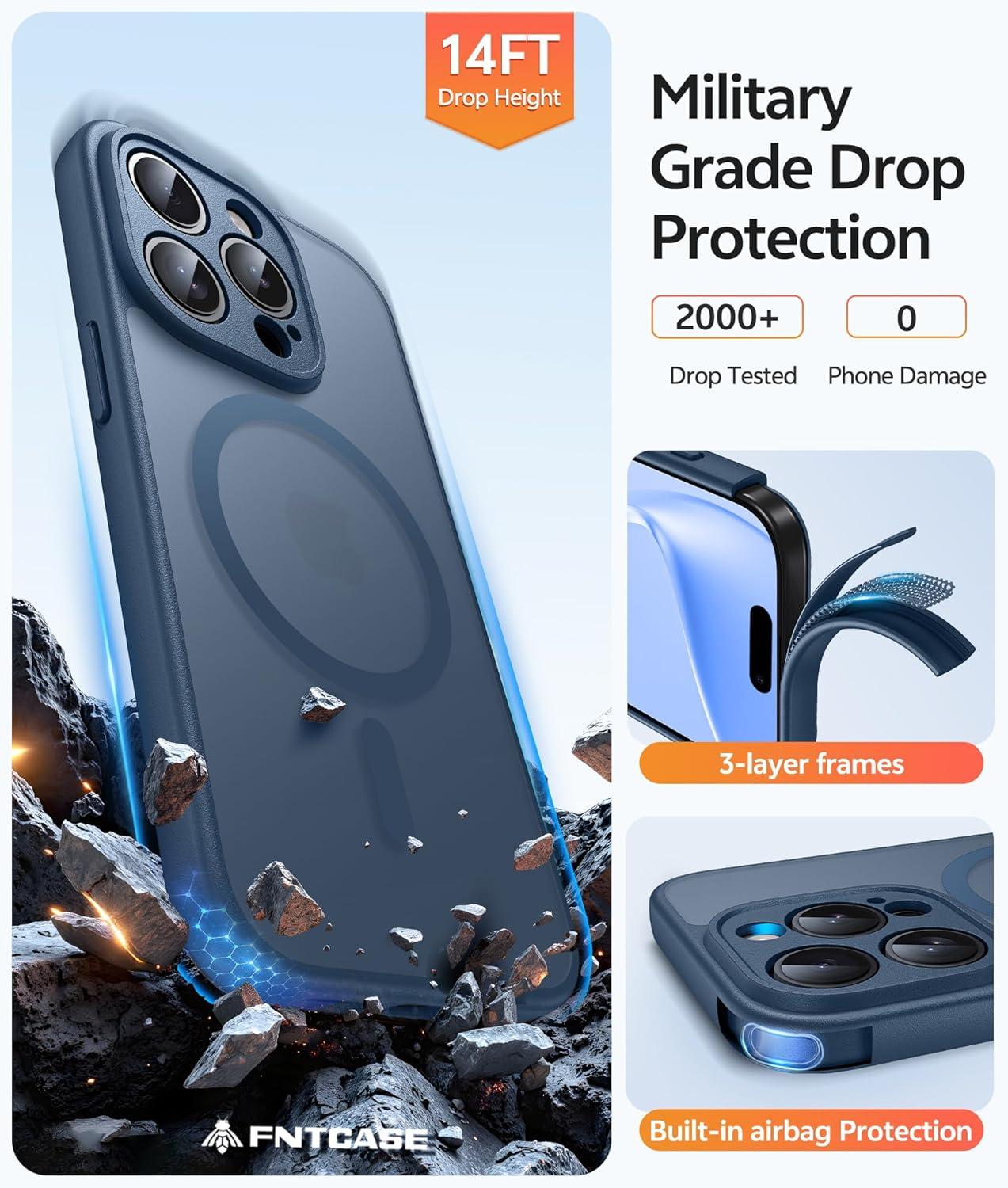 imageFNTCASE for iPhone 15 Pro Case Compatible with Magsafe Translucent Matte Magnetic Phone Cover Military Grade Drop Protection Shockproof Protective Cases BlackBlue