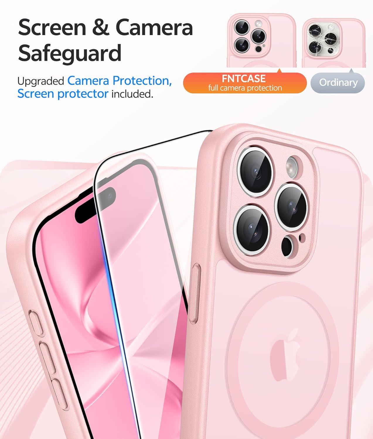 imageFNTCASE for iPhone 15 Pro Case Compatible with Magsafe Translucent Matte Magnetic Phone Cover Military Grade Drop Protection Shockproof Protective Cases BlackLight Pink