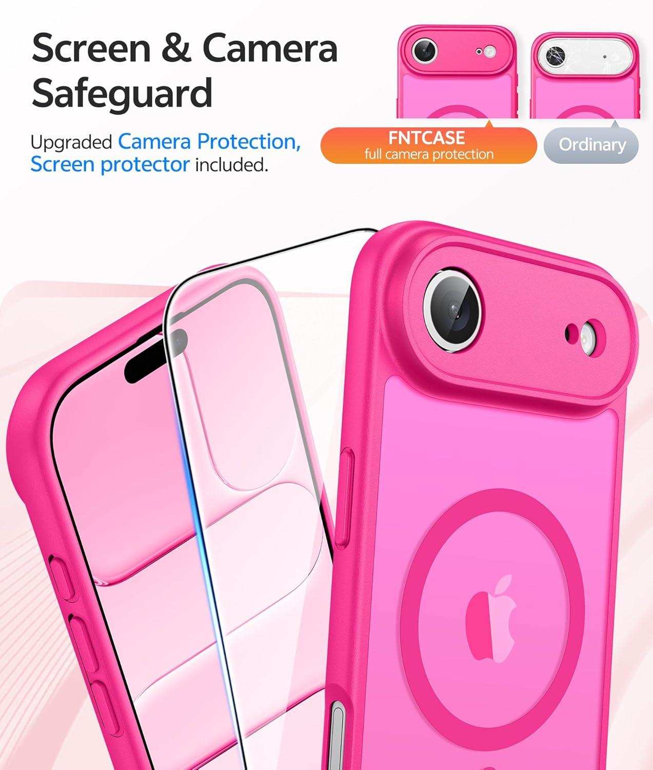 imageFNTCASE for iPhone 15 Pro Case Compatible with Magsafe Translucent Matte Magnetic Phone Cover Military Grade Drop Protection Shockproof Protective Cases BlackHot Pink